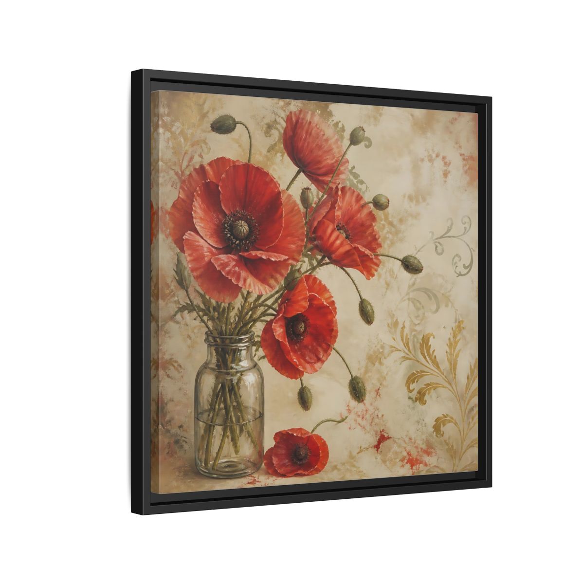 Side Mockup 12. Floral Red Poppies Red Poppies And Gold shown as stretched canvas wall art