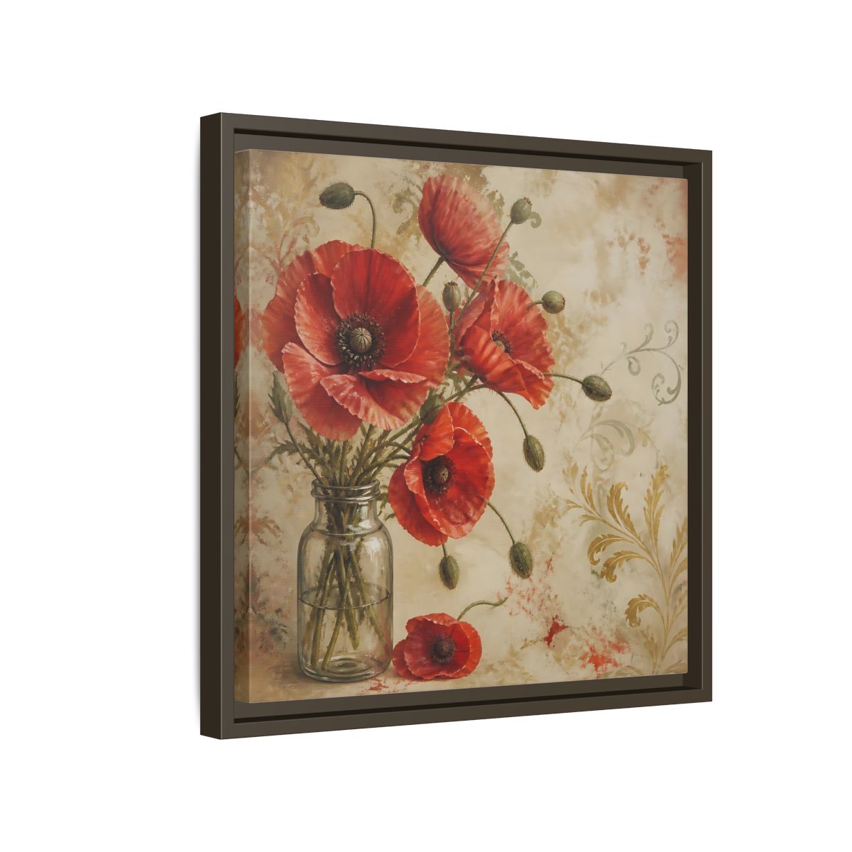 Side Mockup 14. Floral Red Poppies Red Poppies And Gold shown as stretched canvas wall art