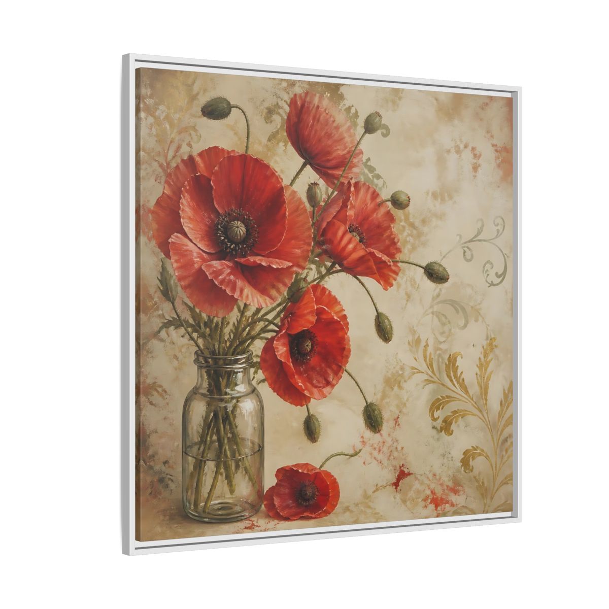 Side Mockup 4. Floral Red Poppies Red Poppies And Gold shown as stretched canvas wall art