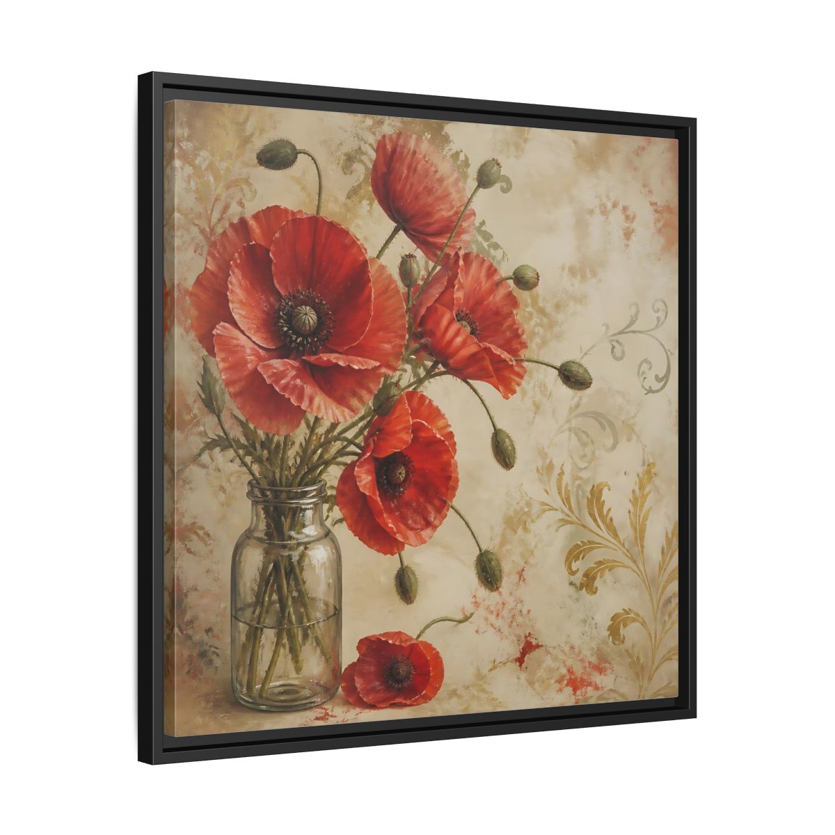 Side Mockup 31. Floral Red Poppies Red Poppies And Gold shown as stretched canvas wall art