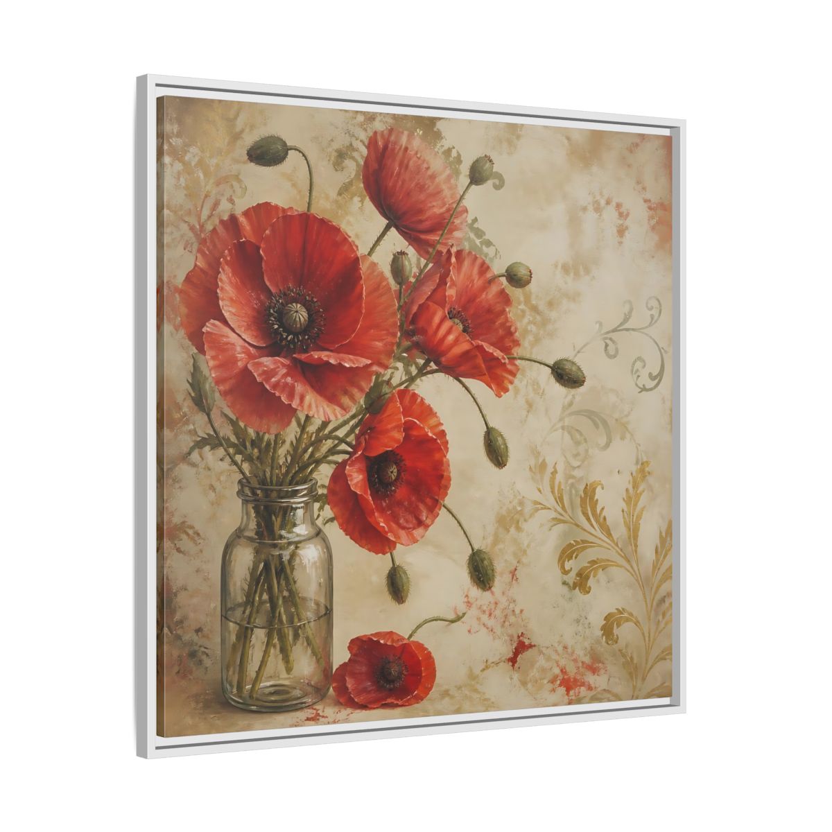 Side Mockup 25. Floral Red Poppies Red Poppies And Gold shown as stretched canvas wall art
