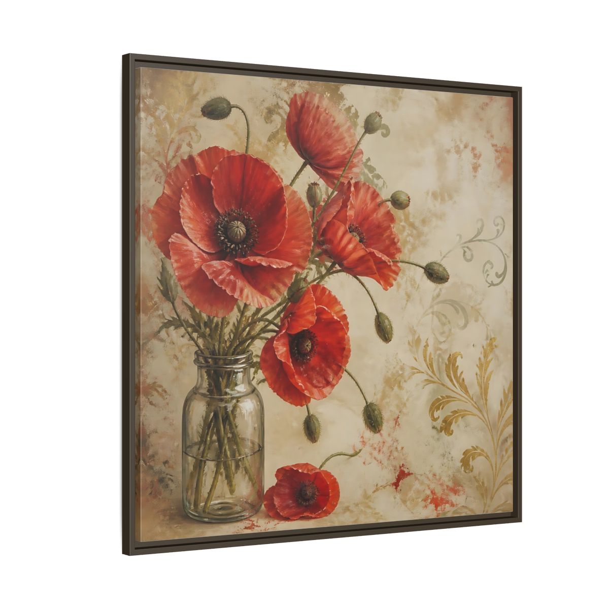 Side Mockup 5. Floral Red Poppies Red Poppies And Gold shown as stretched canvas wall art