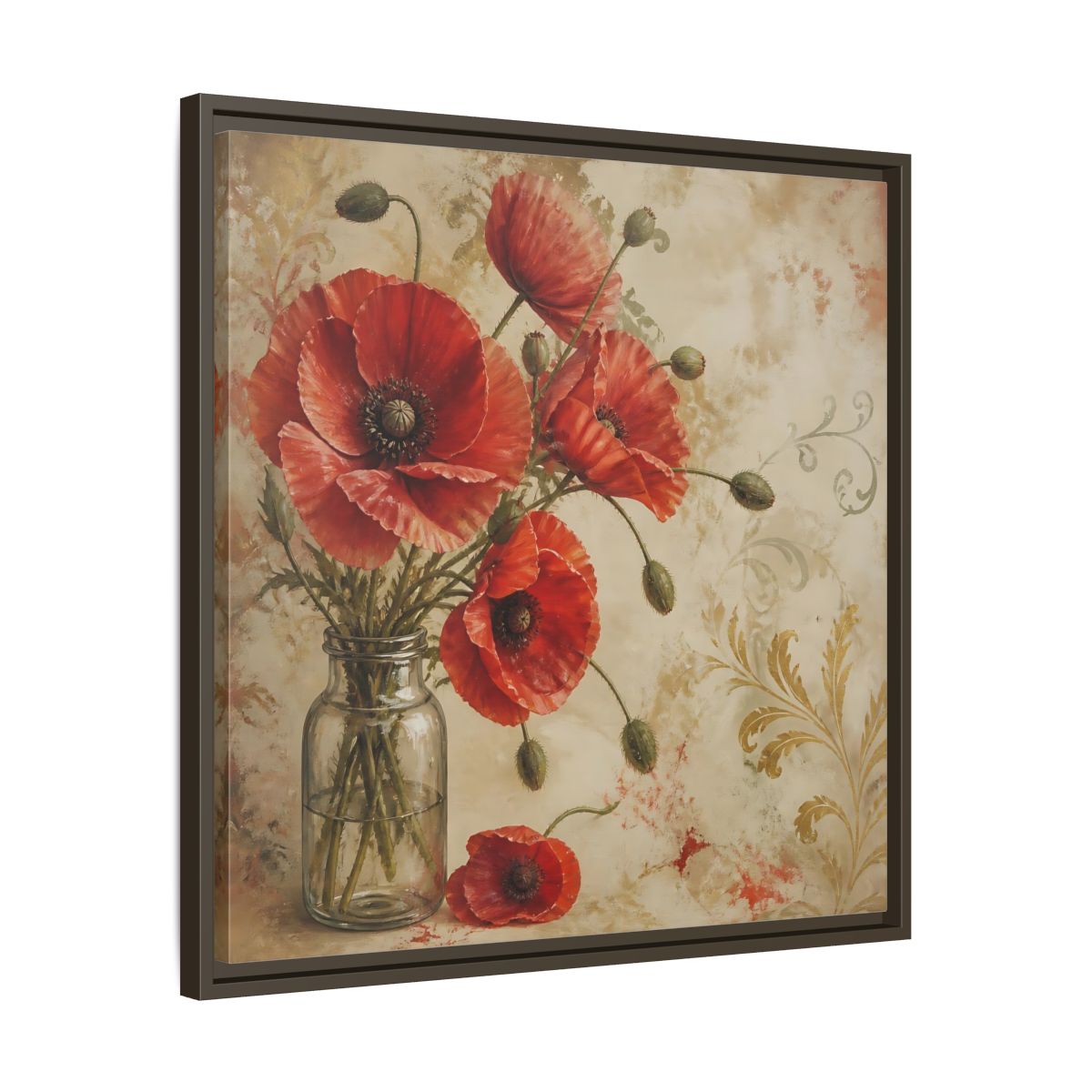 Side Mockup 27. Floral Red Poppies Red Poppies And Gold shown as stretched canvas wall art
