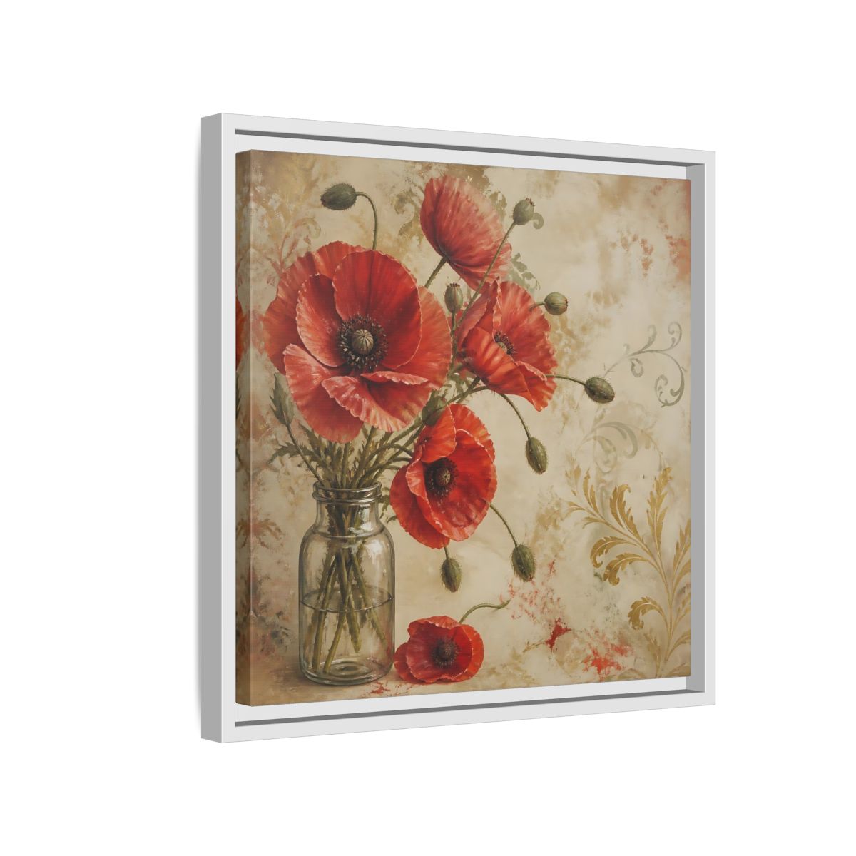 Side Mockup 13. Floral Red Poppies Red Poppies And Gold shown as stretched canvas wall art
