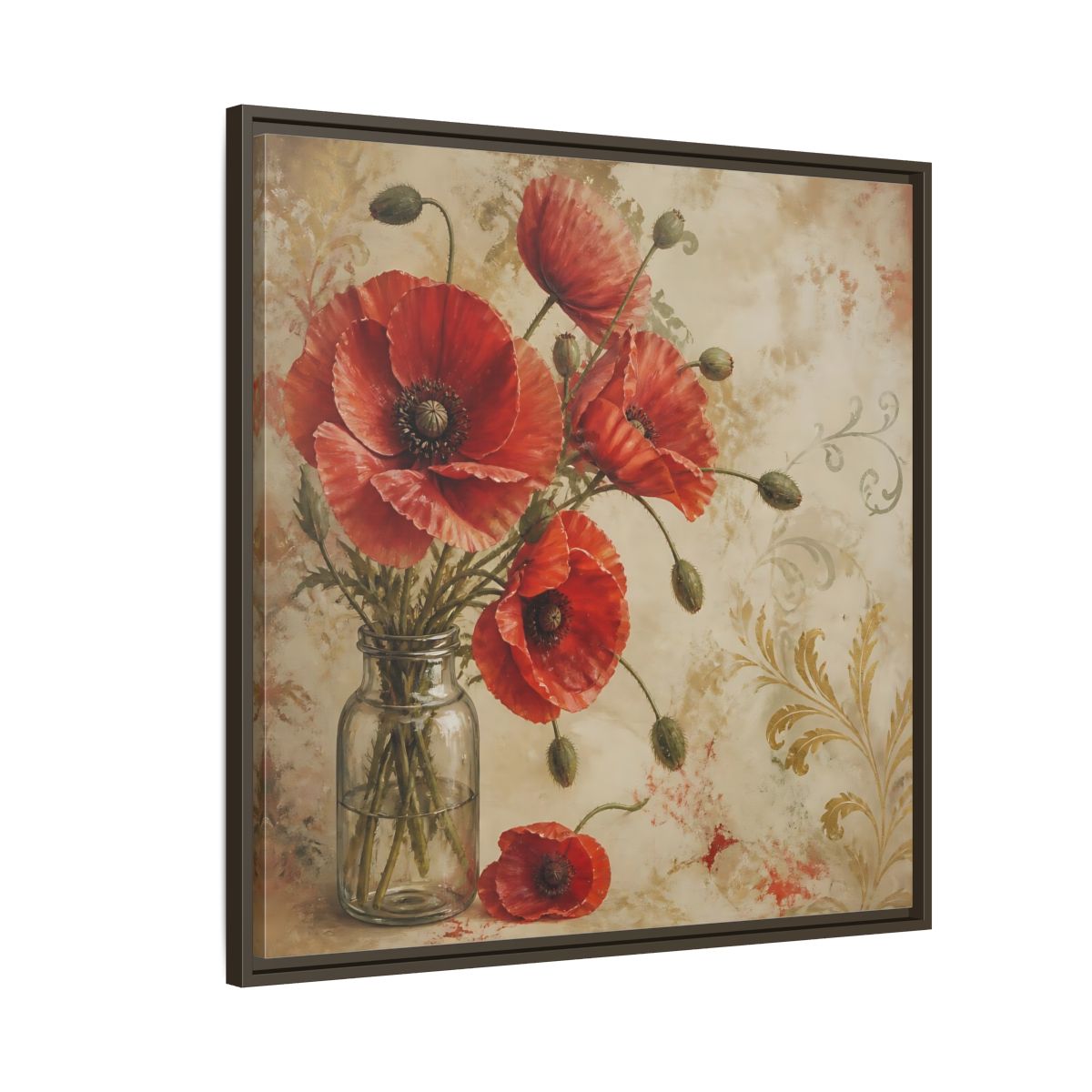 Side Mockup 8. Floral Red Poppies Red Poppies And Gold shown as stretched canvas wall art