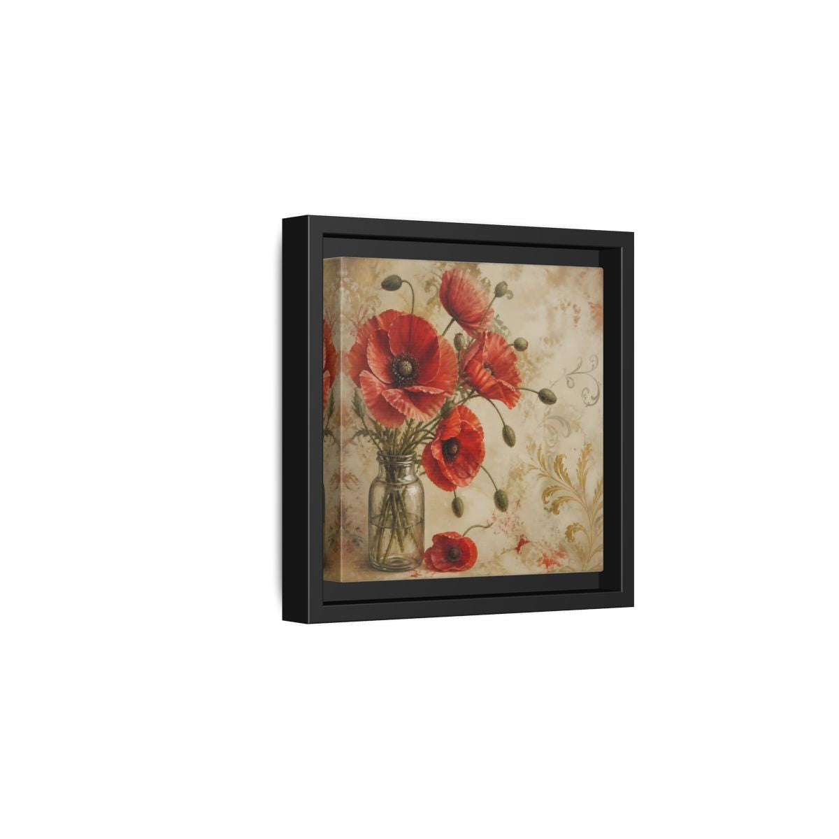 Side Mockup 3. Floral Red Poppies Red Poppies And Gold shown as stretched canvas wall art