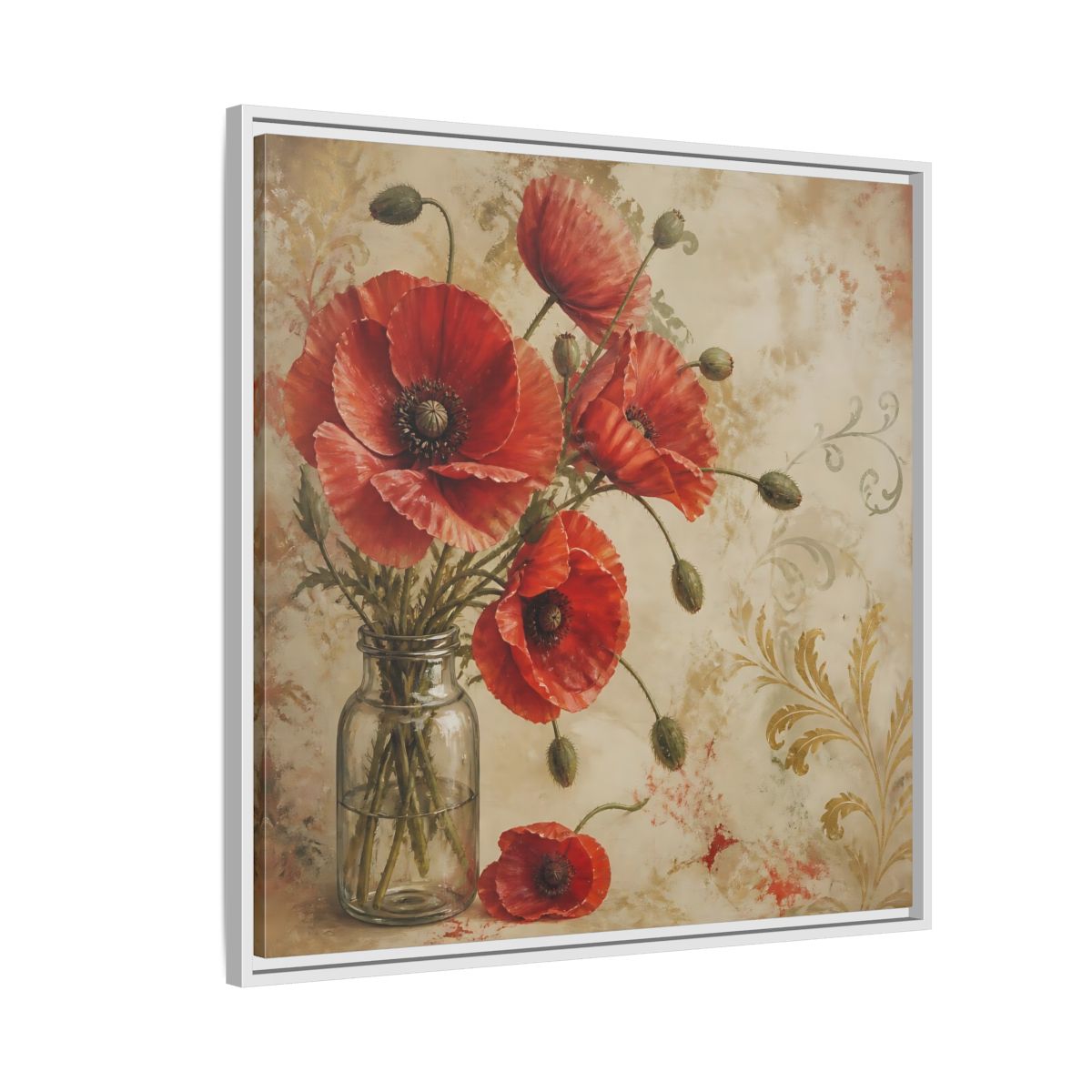 Side Mockup 7. Floral Red Poppies Red Poppies And Gold shown as stretched canvas wall art