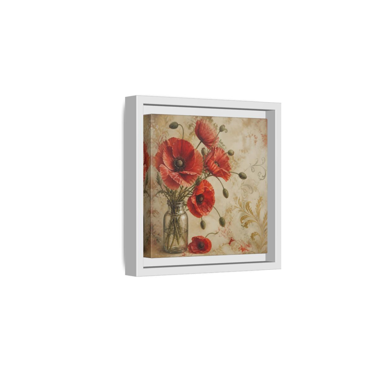 Side Mockup 1. Floral Red Poppies Red Poppies And Gold shown as stretched canvas wall art