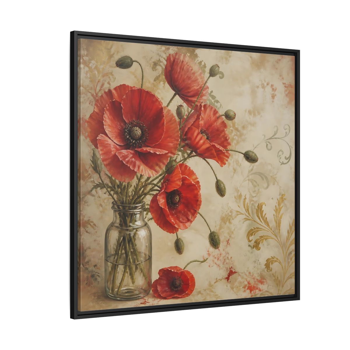Side Mockup 6. Floral Red Poppies Red Poppies And Gold shown as stretched canvas wall art