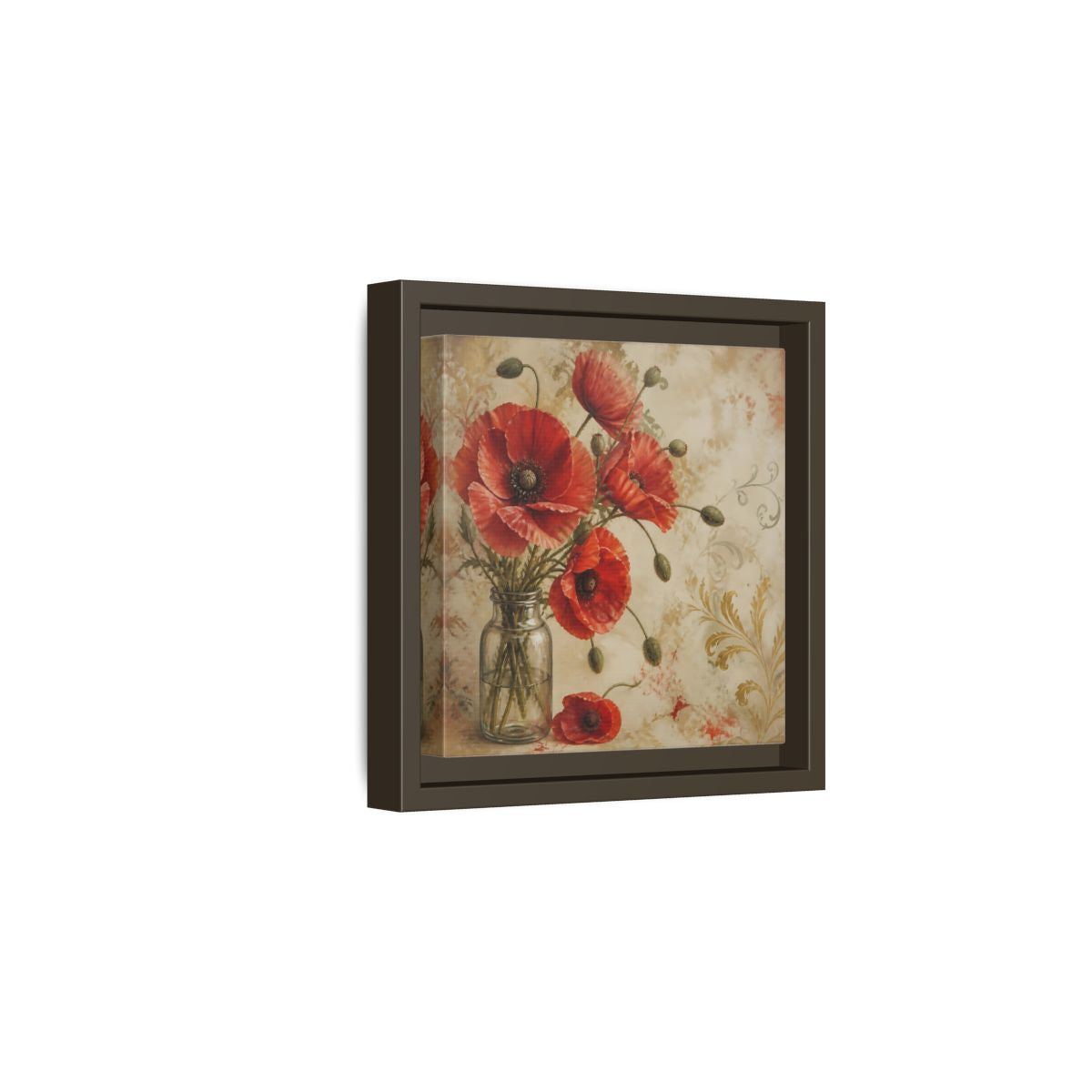 Side Mockup 2. Floral Red Poppies Red Poppies And Gold shown as stretched canvas wall art