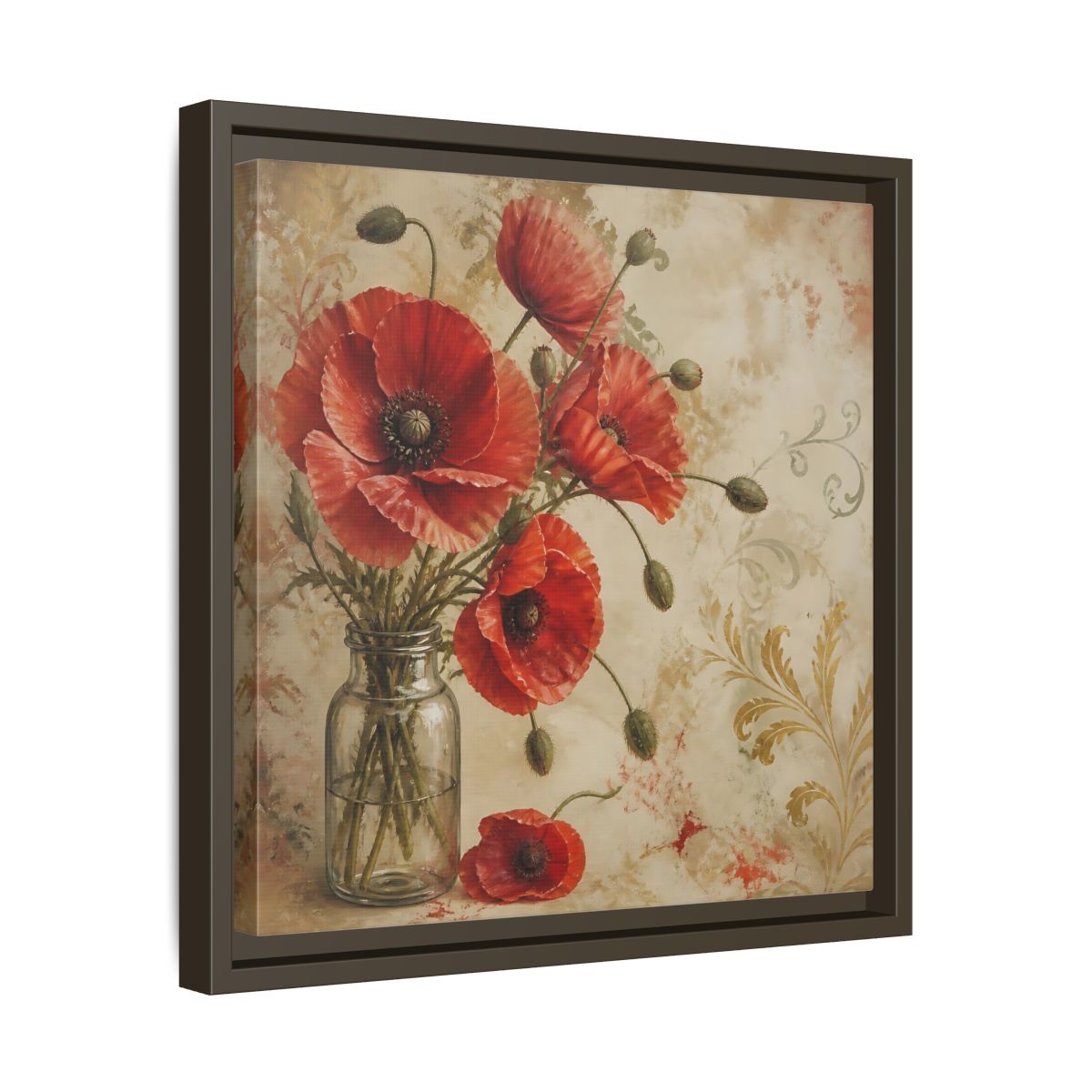 Side Mockup 29. Floral Red Poppies Red Poppies And Gold shown as stretched canvas wall art