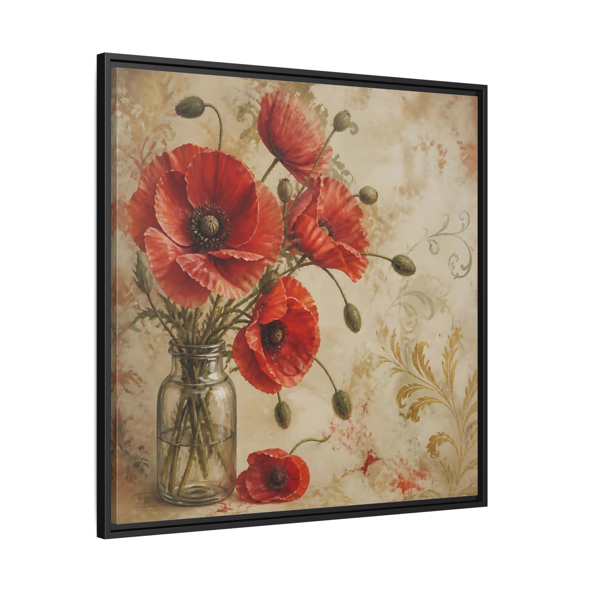 Side Mockup 30. Floral Red Poppies Red Poppies And Gold shown as stretched canvas wall art
