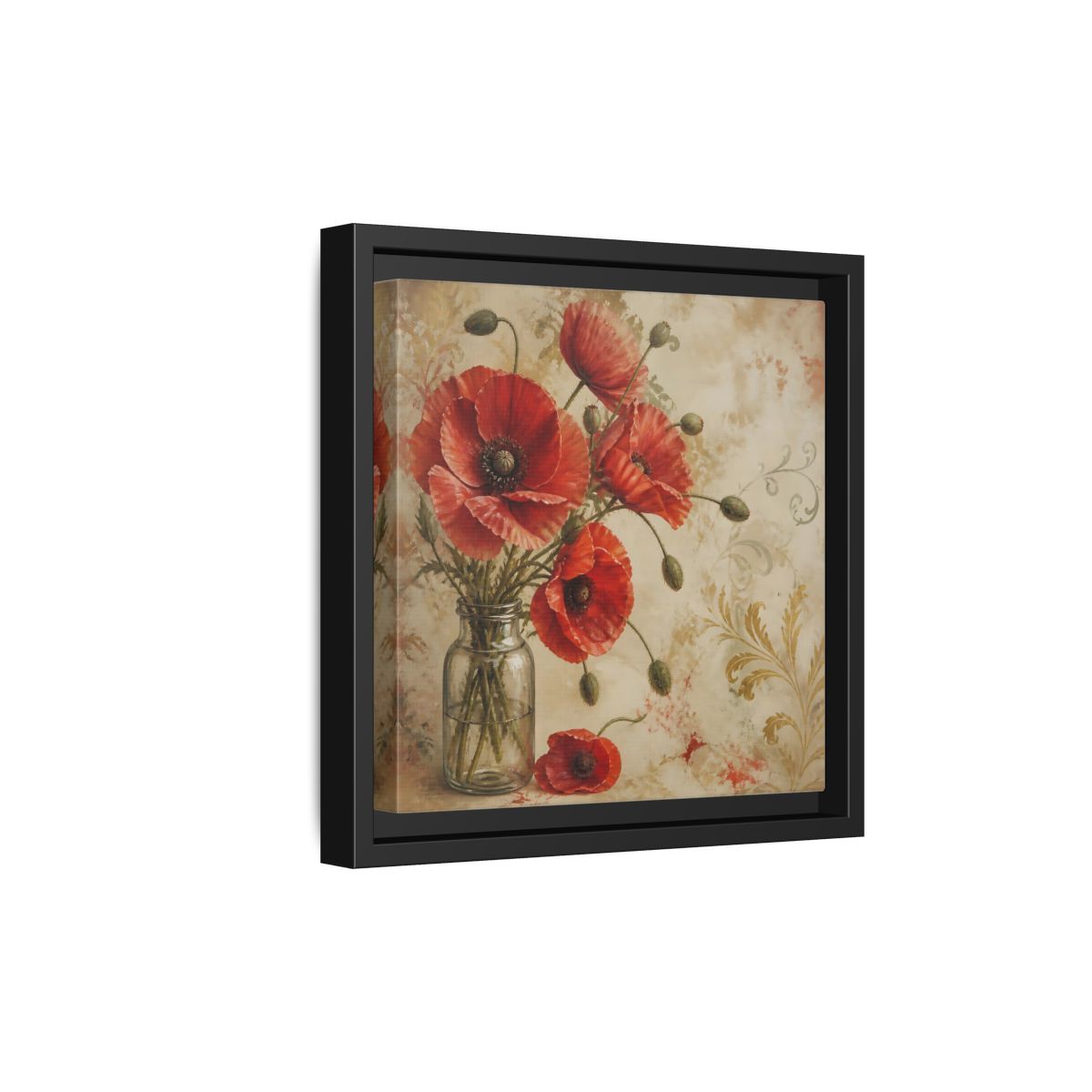 Side Mockup 21. Floral Red Poppies Red Poppies And Gold shown as stretched canvas wall art
