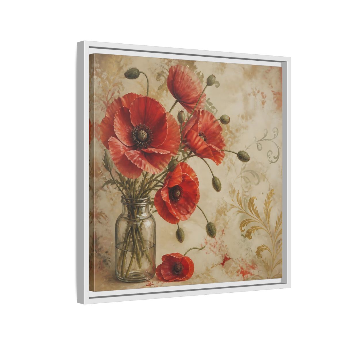 Side Mockup 10. Floral Red Poppies Red Poppies And Gold shown as stretched canvas wall art