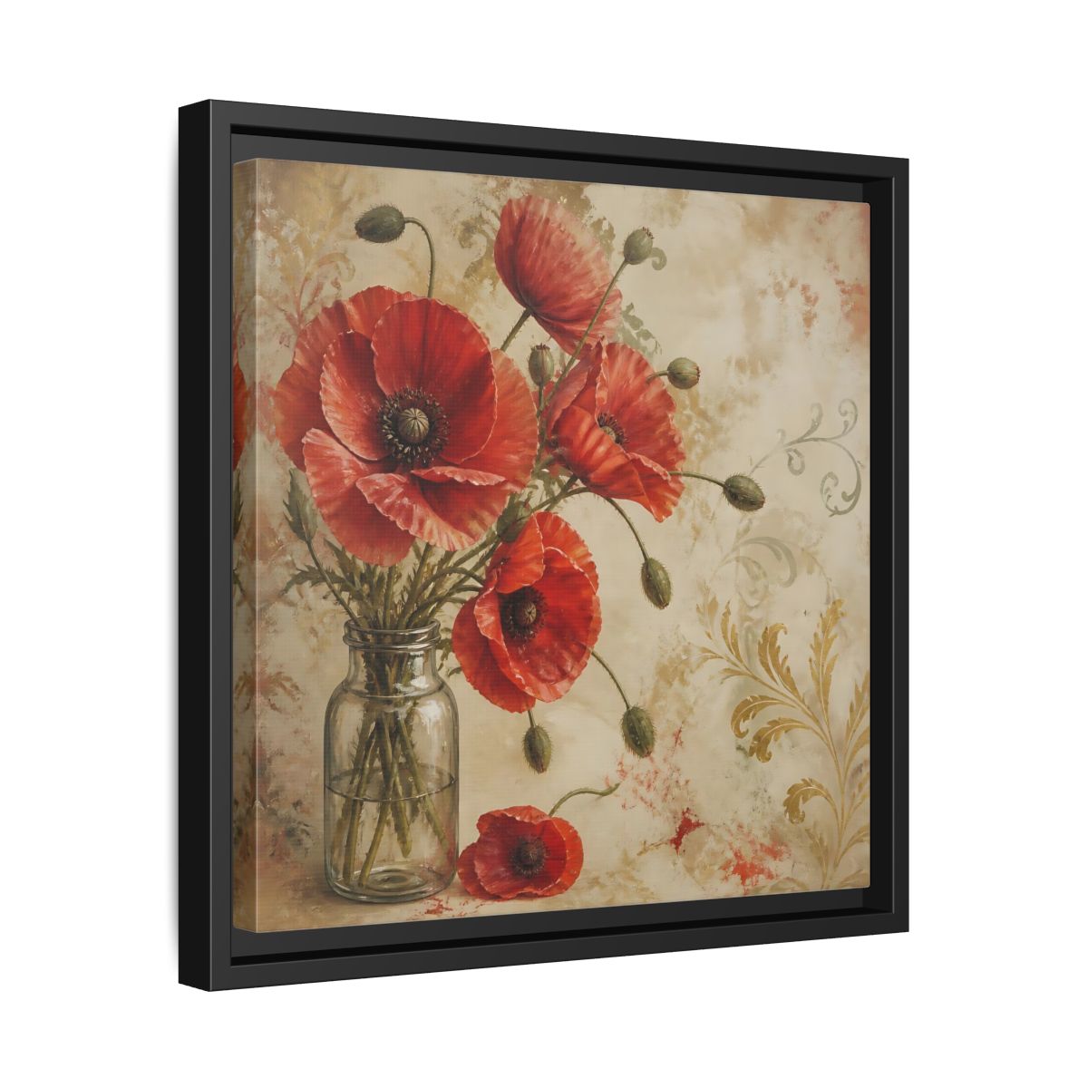 Side Mockup 32. Floral Red Poppies Red Poppies And Gold shown as stretched canvas wall art