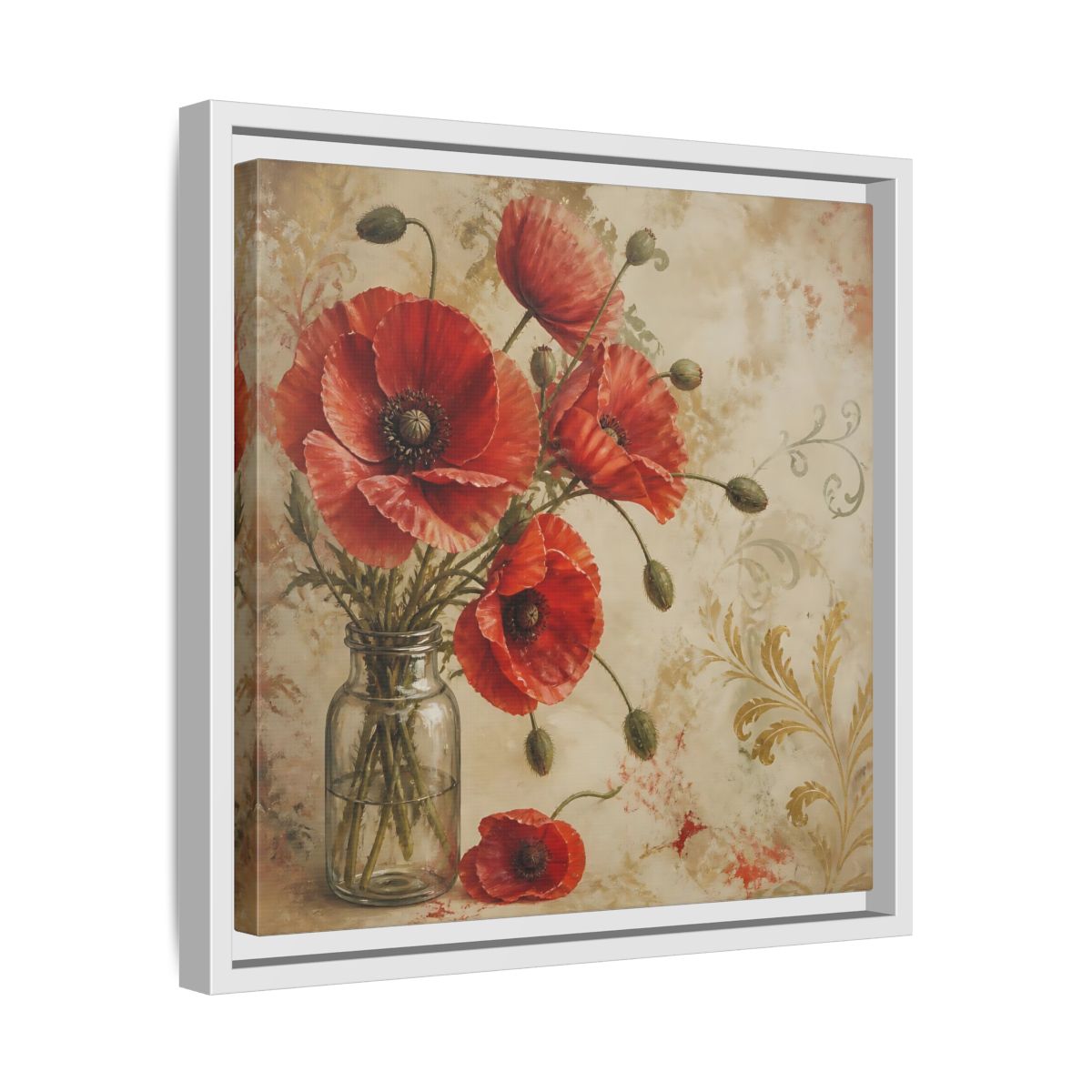 Side Mockup 28. Floral Red Poppies Red Poppies And Gold shown as stretched canvas wall art