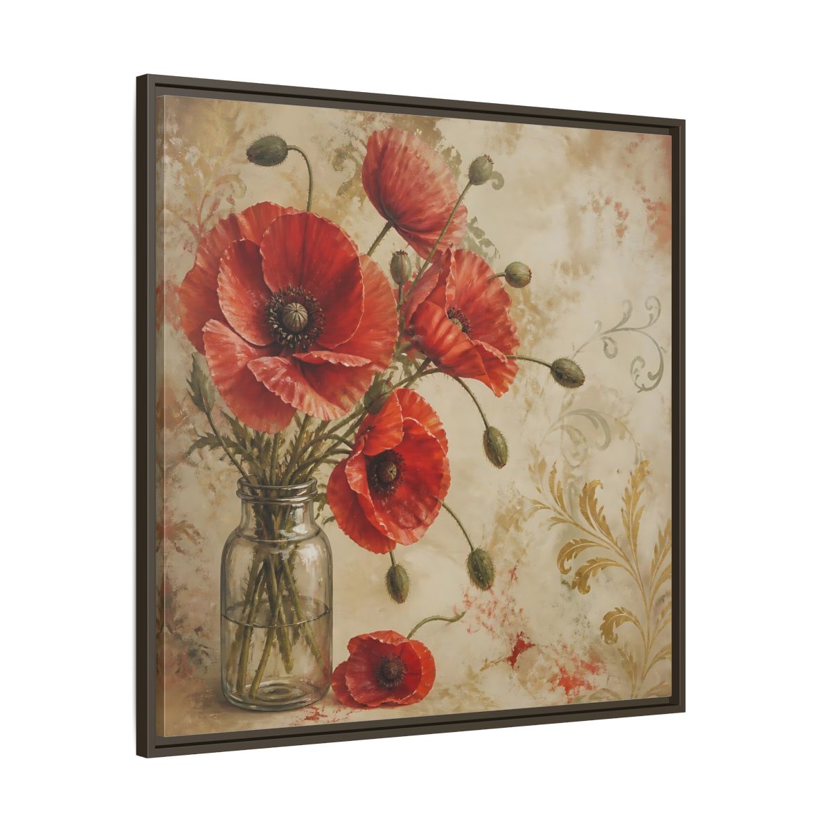 Main Mockup. Floral Red Poppies Red Poppies And Gold shown as stretched canvas wall art