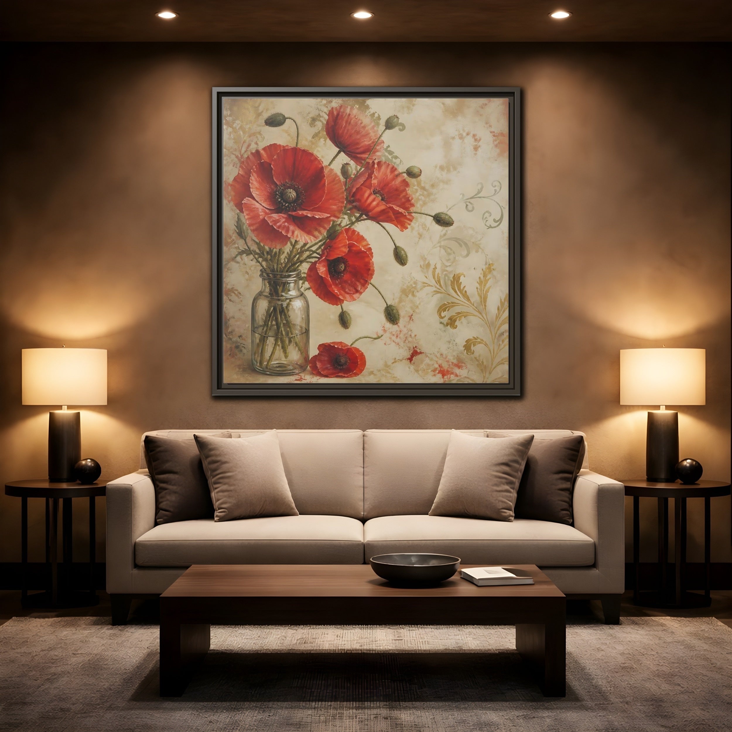 Mockup 2. Floral Red Poppies Red Poppies And Gold shown as stretched canvas wall art