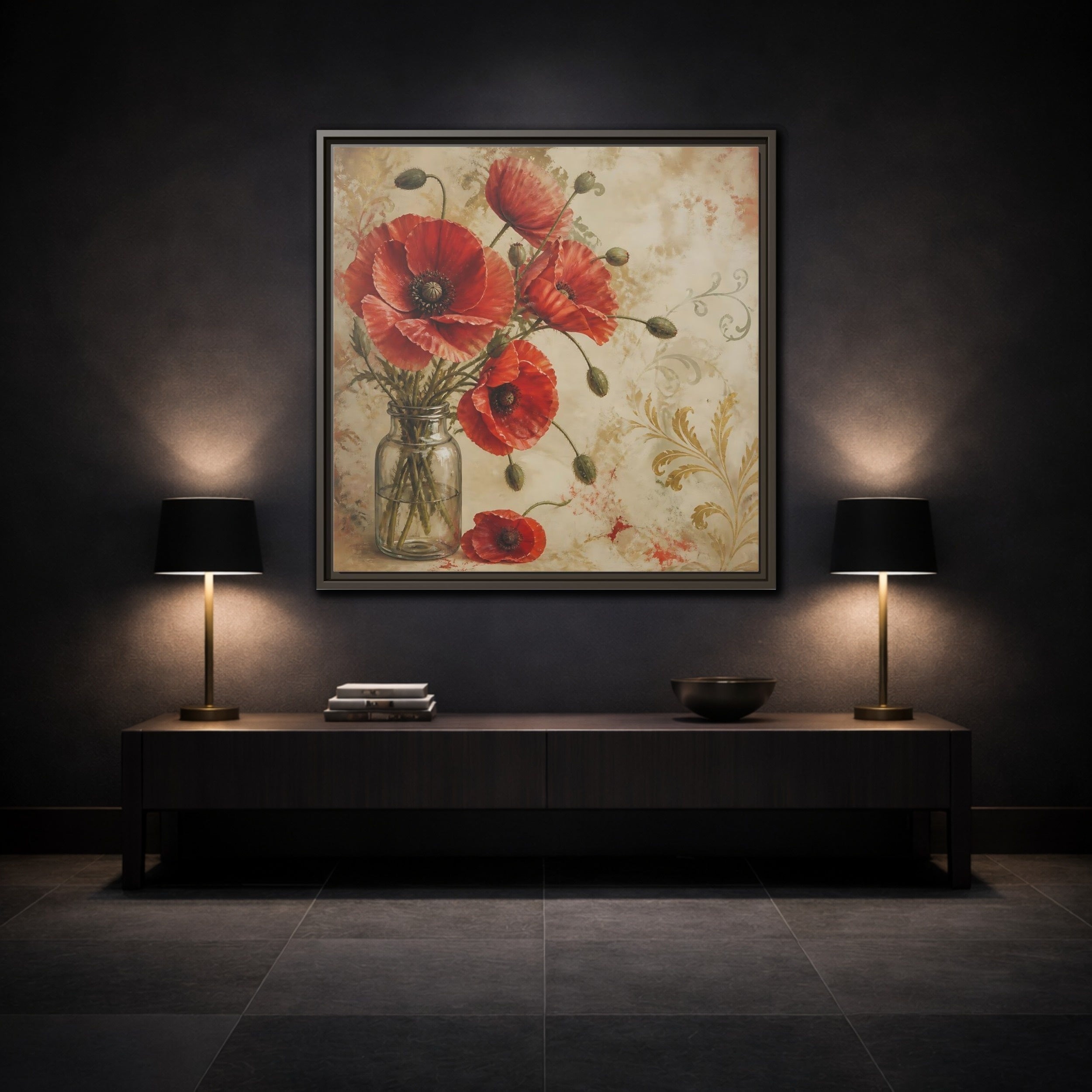 Mockup 3. Floral Red Poppies Red Poppies And Gold shown as stretched canvas wall art