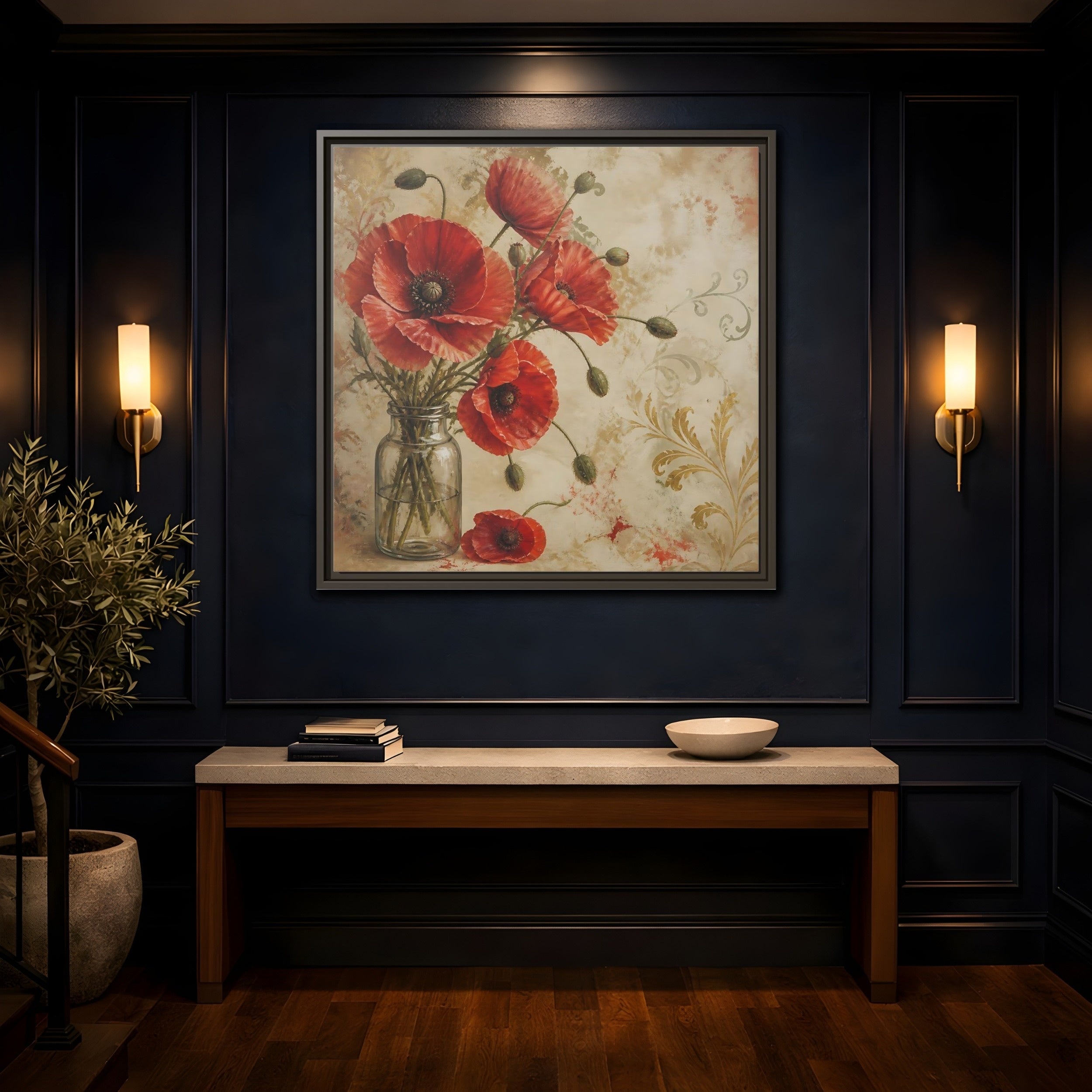 Mockup 4. Floral Red Poppies Red Poppies And Gold shown as stretched canvas wall art