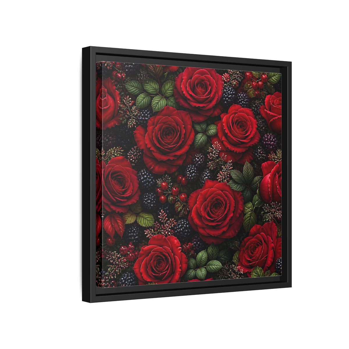 Side Mockup 15. Floral Red Roses Red And Black shown as stretched canvas wall art