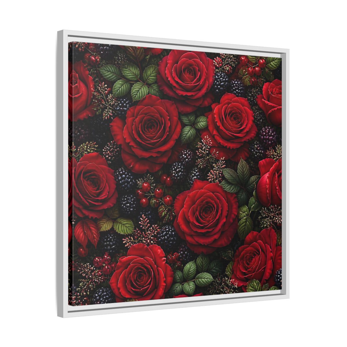 Side Mockup 26. Floral Red Roses Red And Black shown as stretched canvas wall art
