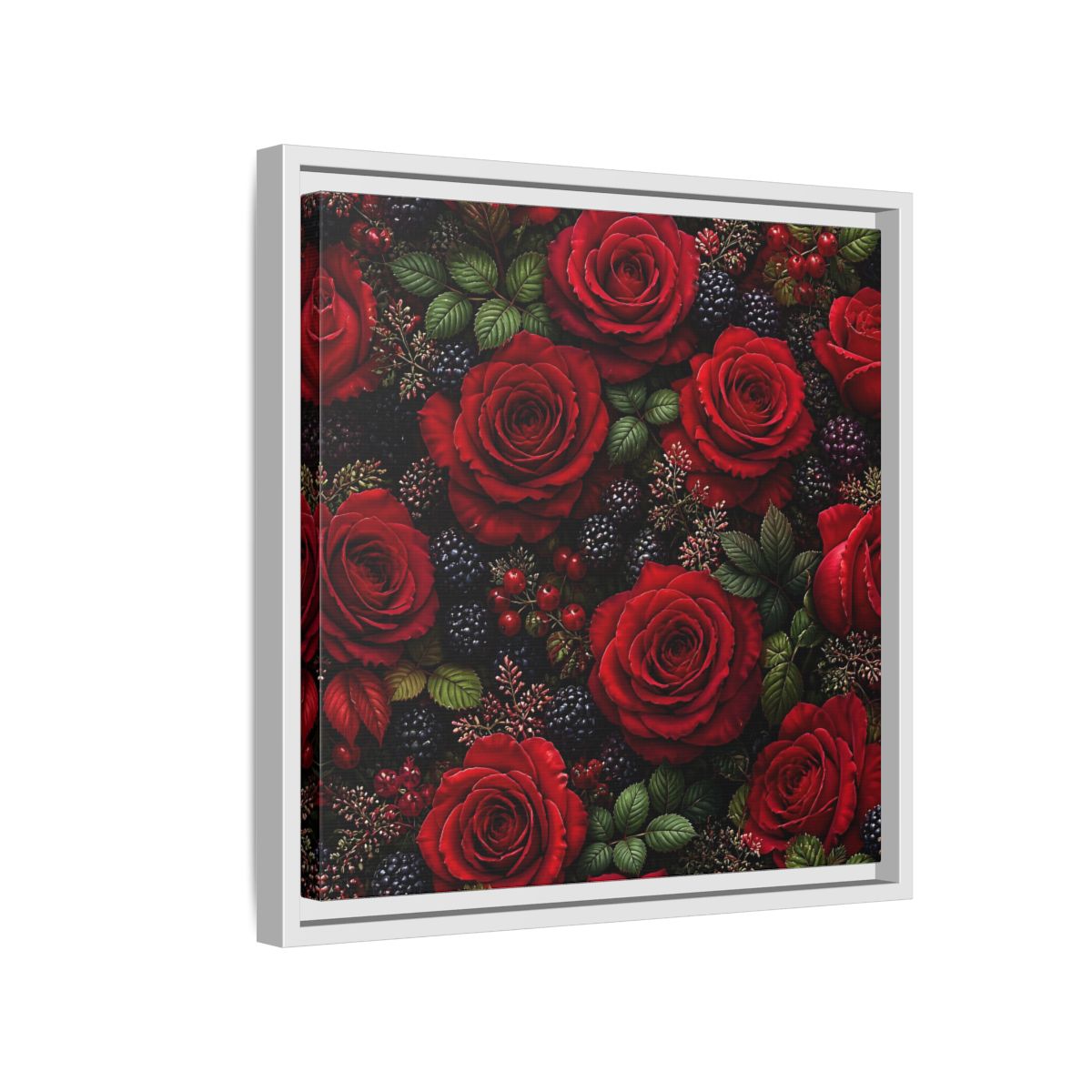 Side Mockup 13. Floral Red Roses Red And Black shown as stretched canvas wall art