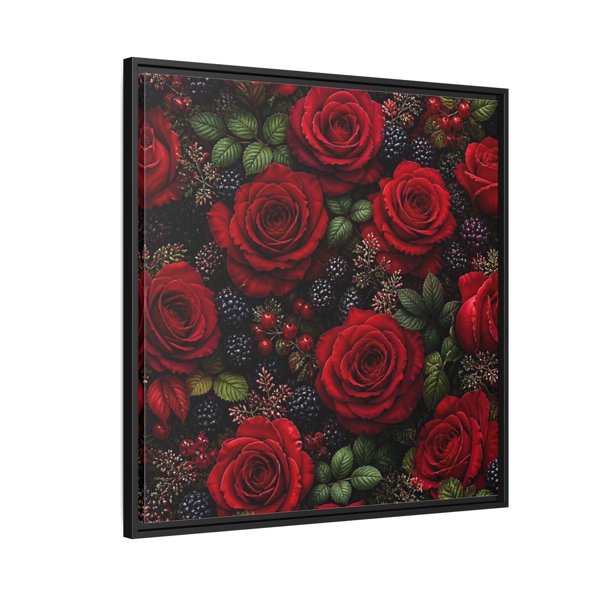 Side Mockup 9. Floral Red Roses Red And Black shown as stretched canvas wall art
