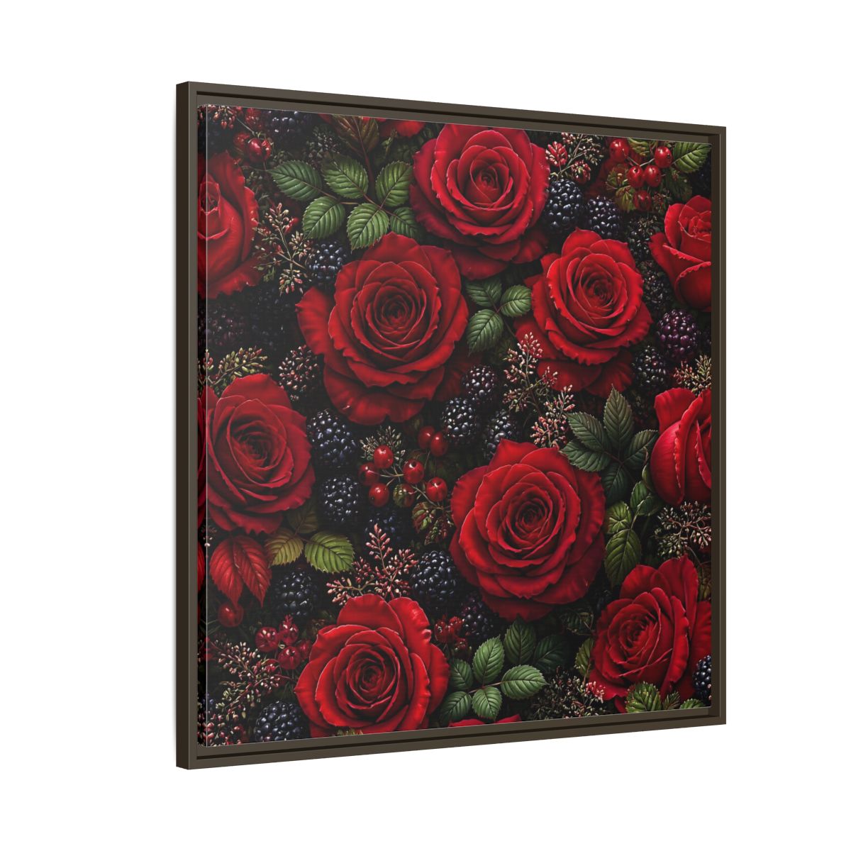 Side Mockup 8. Floral Red Roses Red And Black shown as stretched canvas wall art