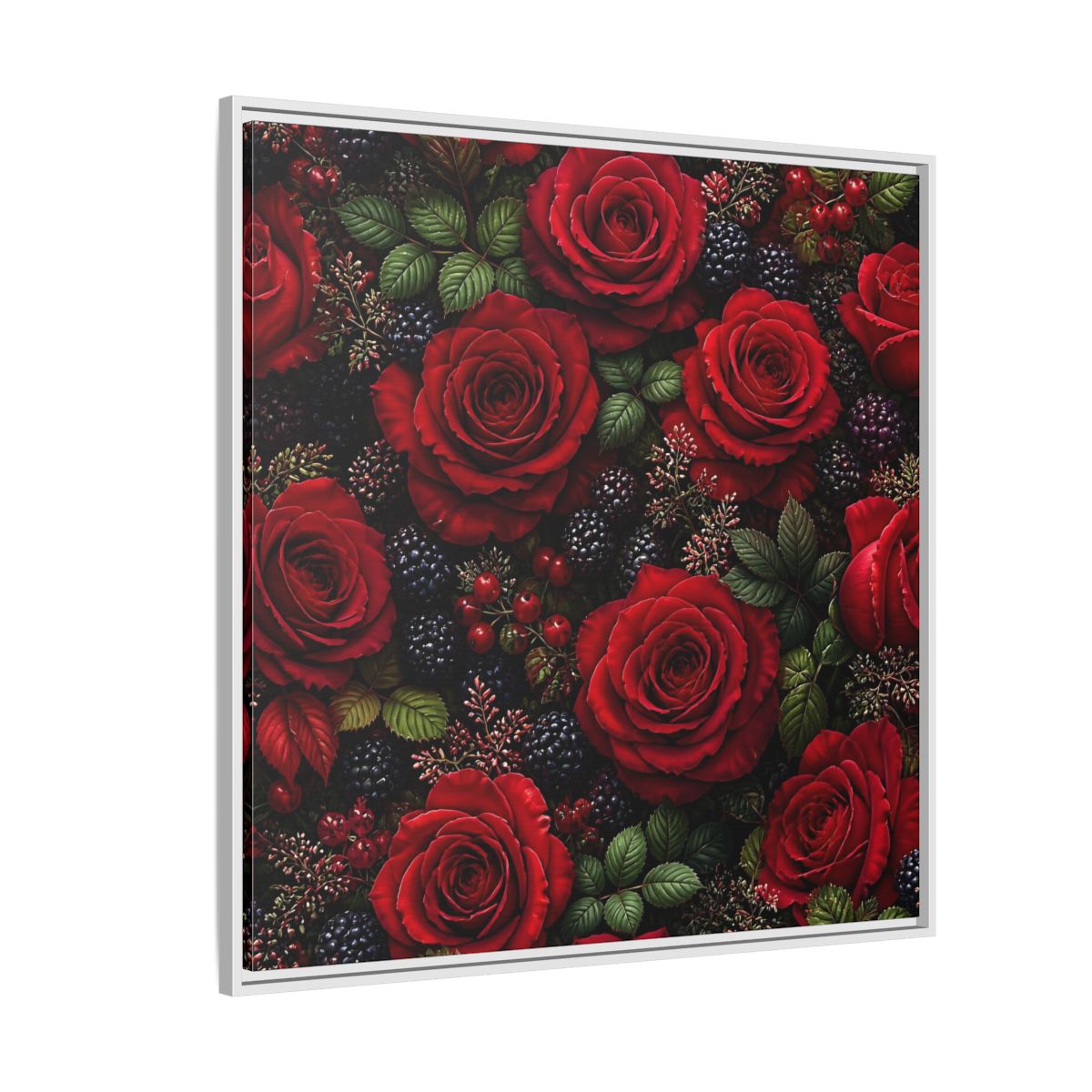Side Mockup 4. Floral Red Roses Red And Black shown as stretched canvas wall art