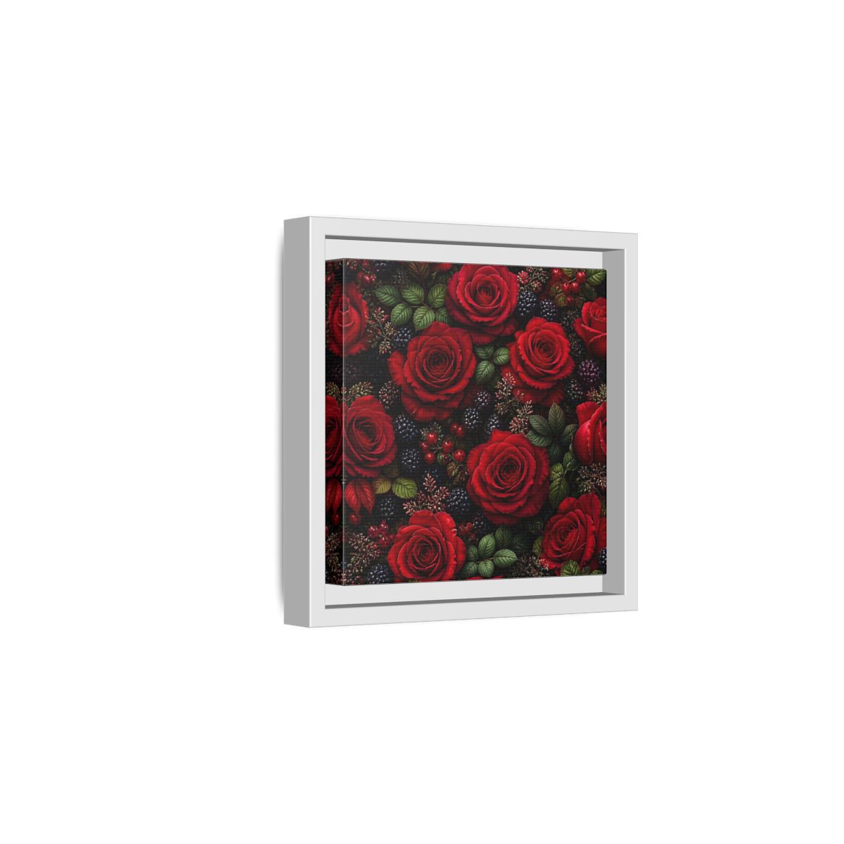 Side Mockup 1. Floral Red Roses Red And Black shown as stretched canvas wall art