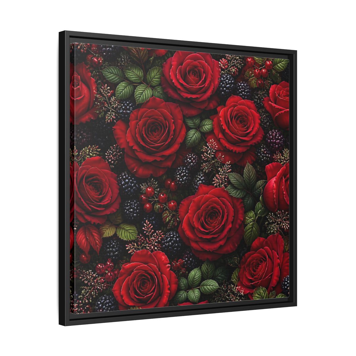 Side Mockup 31. Floral Red Roses Red And Black shown as stretched canvas wall art