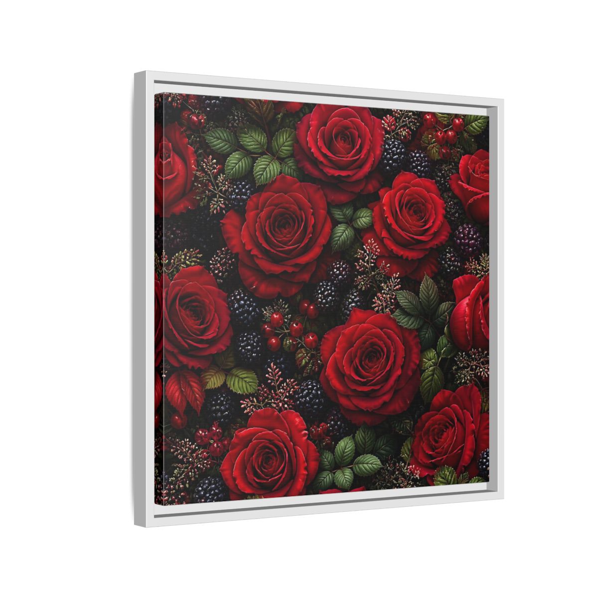 Side Mockup 10. Floral Red Roses Red And Black shown as stretched canvas wall art