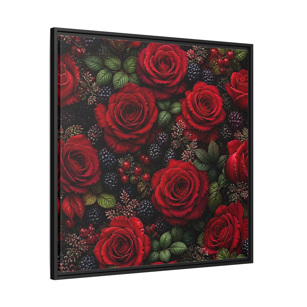 Side Mockup 30. Floral Red Roses Red And Black shown as stretched canvas wall art