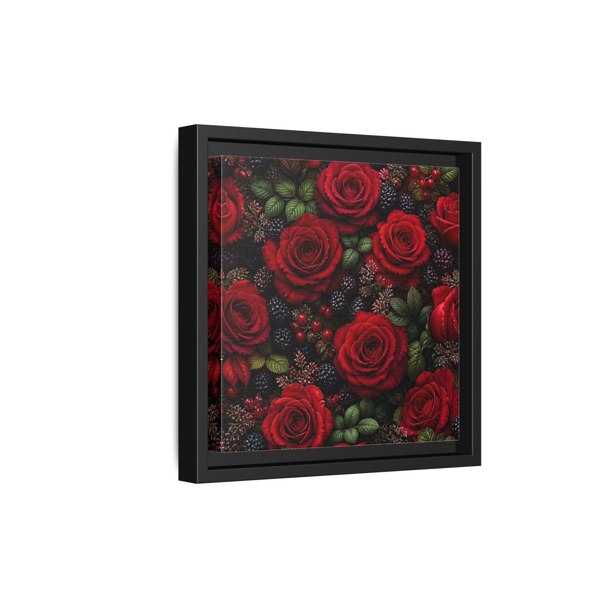 Side Mockup 21. Floral Red Roses Red And Black shown as stretched canvas wall art