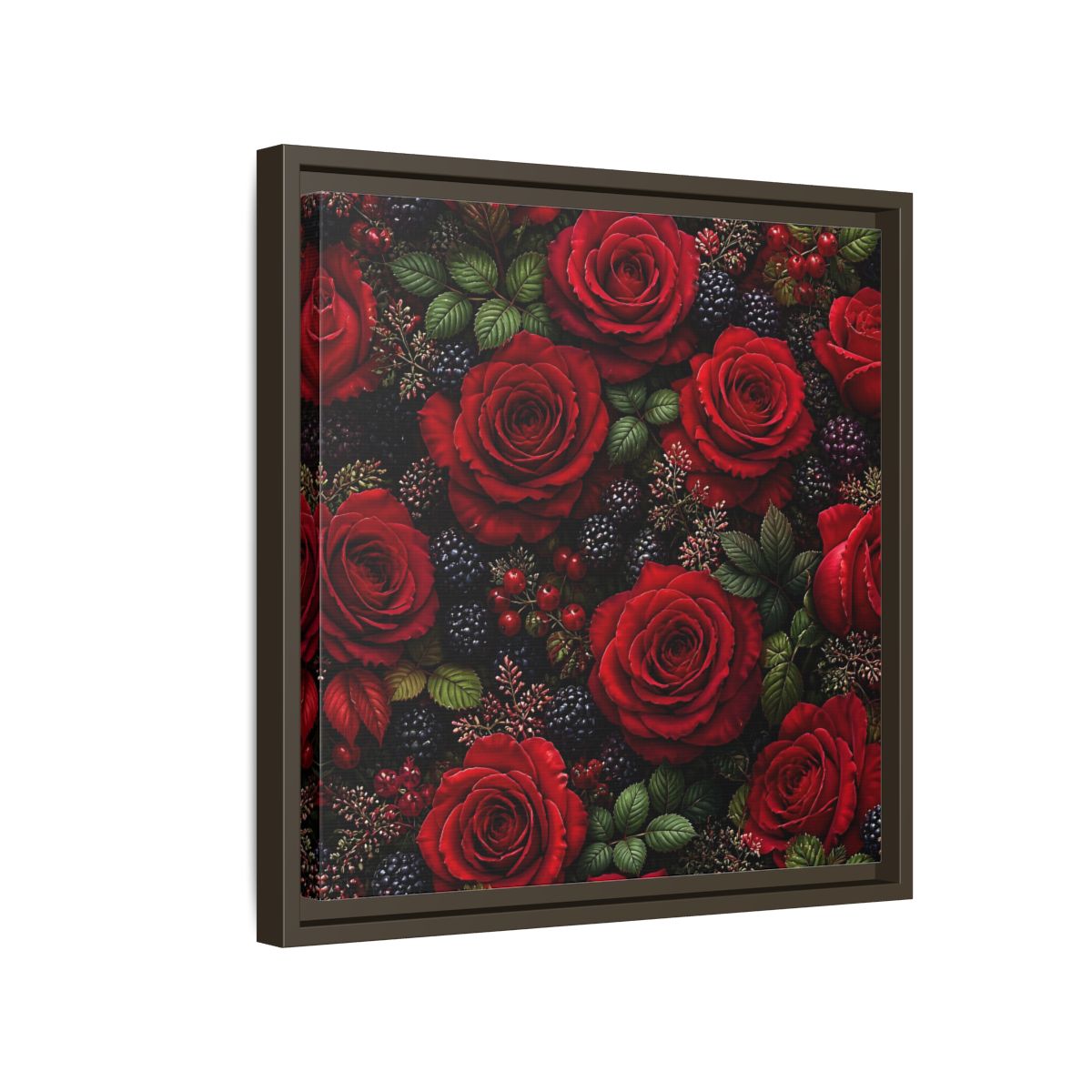 Side Mockup 14. Floral Red Roses Red And Black shown as stretched canvas wall art