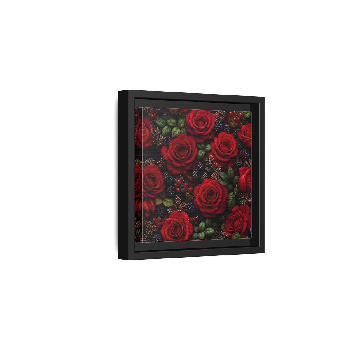 Side Mockup 3. Floral Red Roses Red And Black shown as stretched canvas wall art