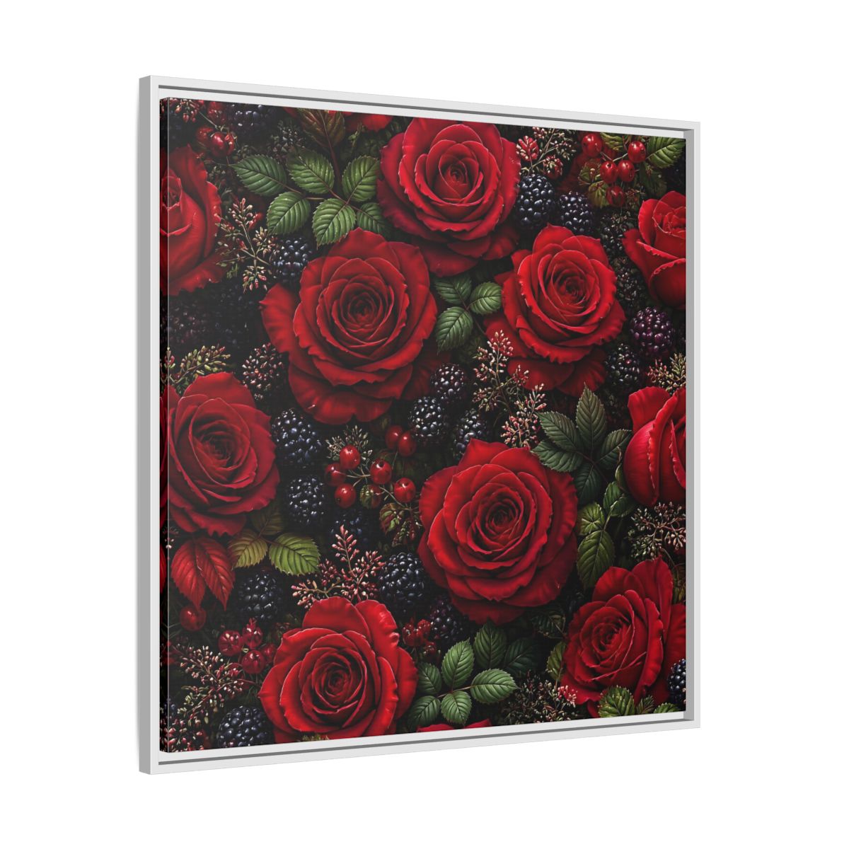 Side Mockup 25. Floral Red Roses Red And Black shown as stretched canvas wall art