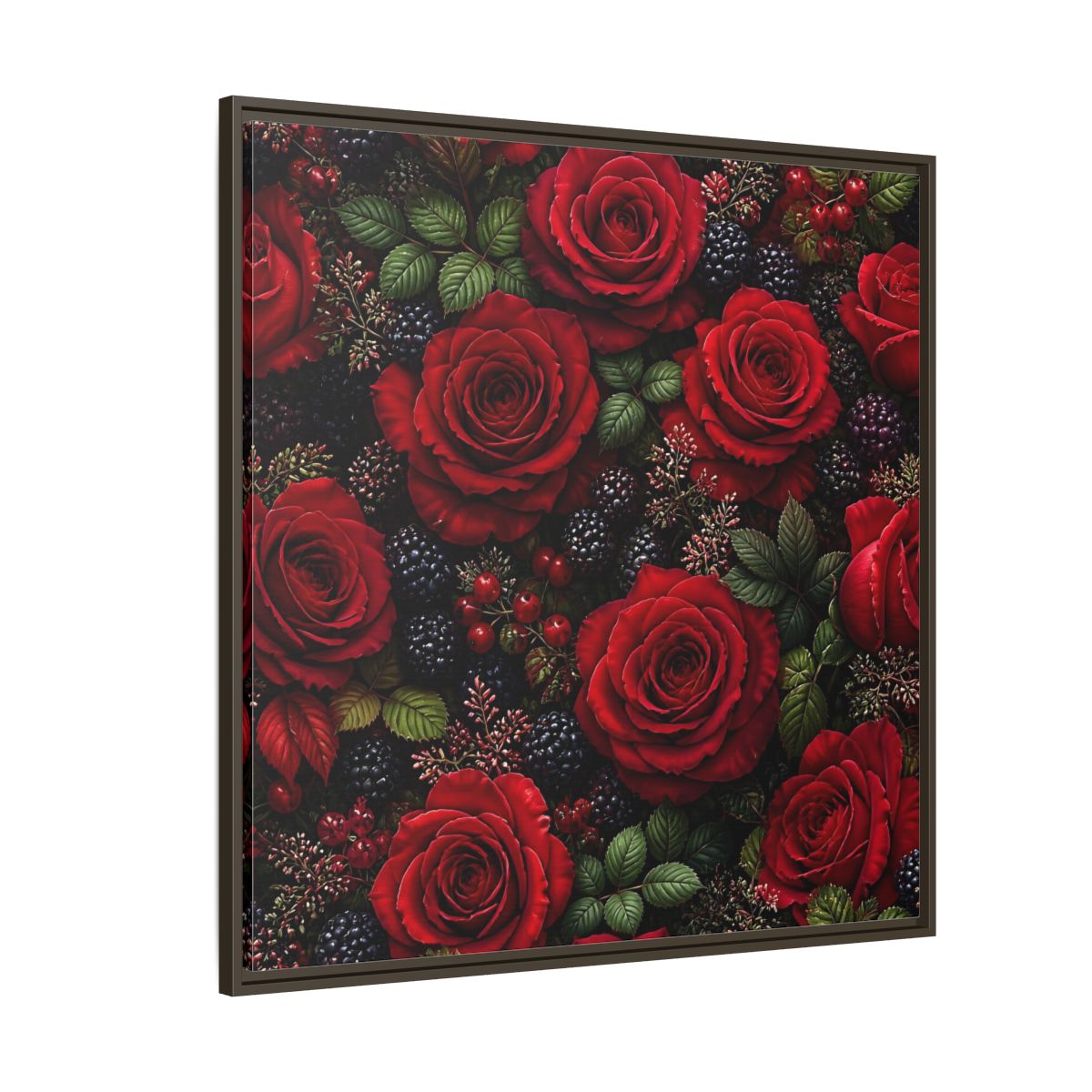 Side Mockup 5. Floral Red Roses Red And Black shown as stretched canvas wall art