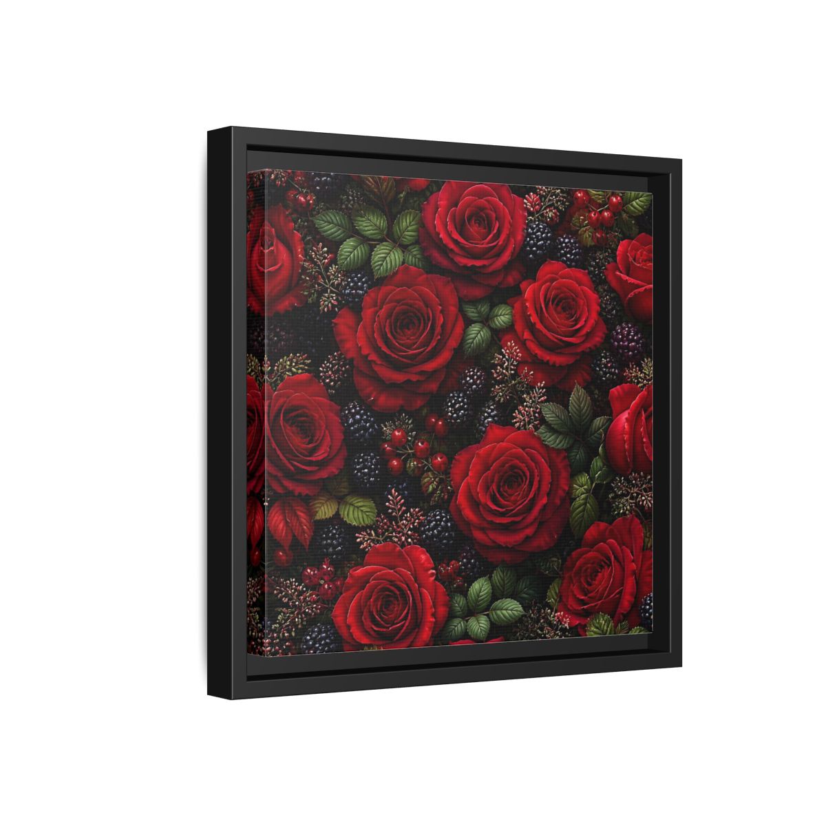 Side Mockup 18. Floral Red Roses Red And Black shown as stretched canvas wall art