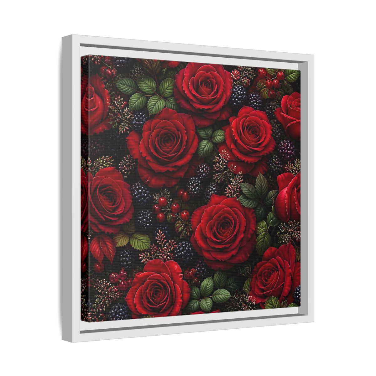 Side Mockup 28. Floral Red Roses Red And Black shown as stretched canvas wall art
