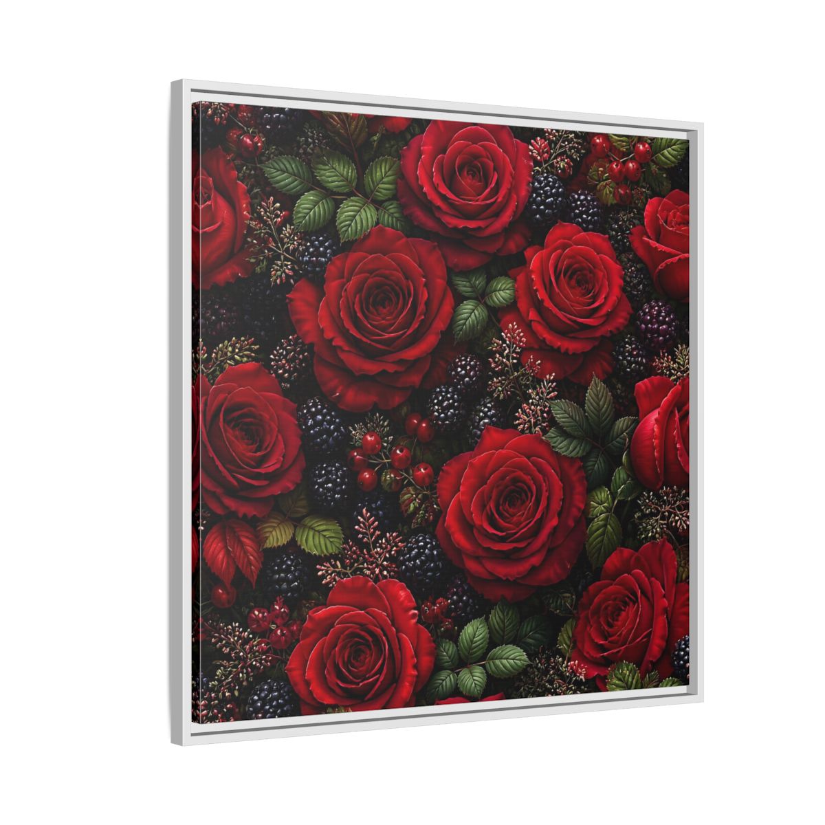 Side Mockup 7. Floral Red Roses Red And Black shown as stretched canvas wall art