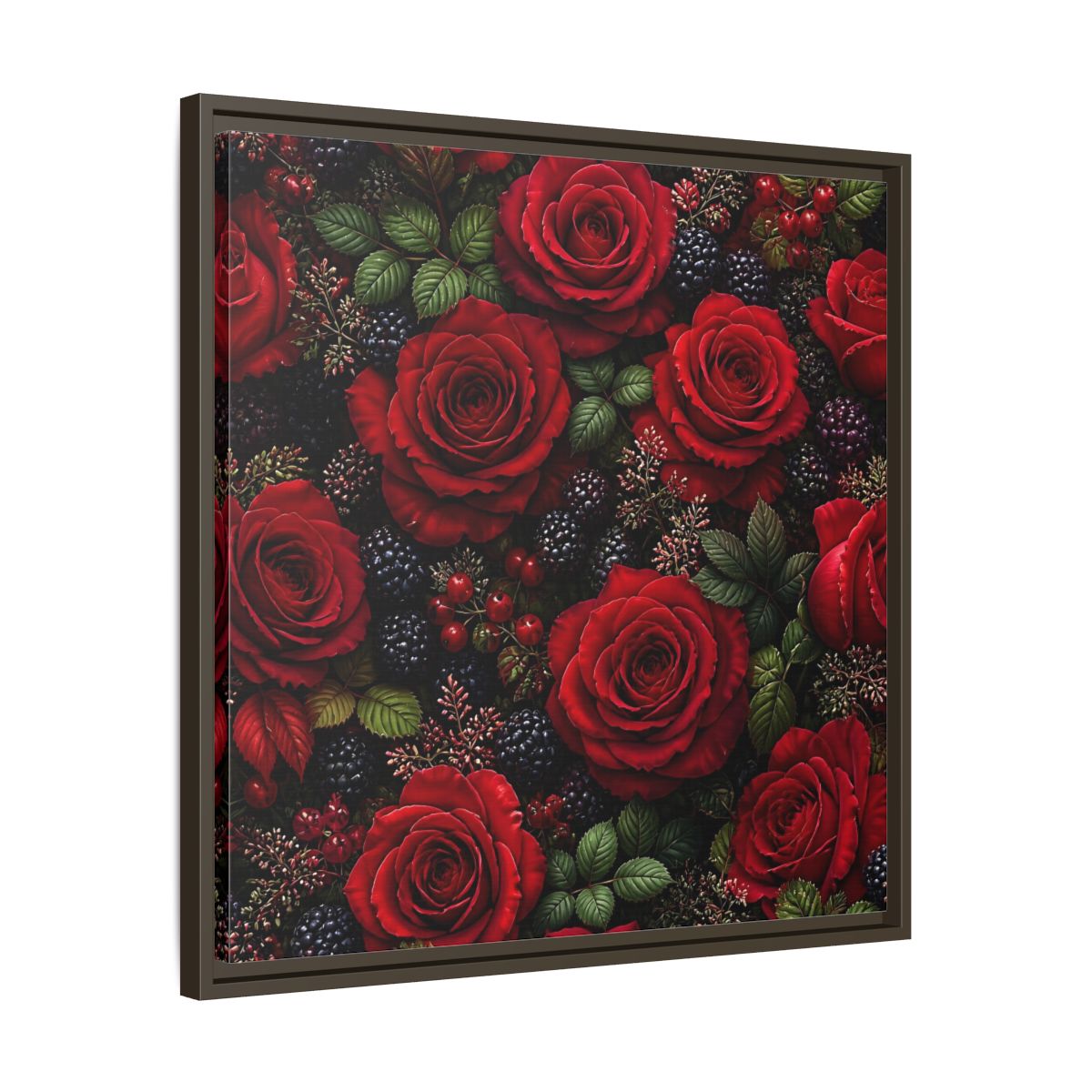 Side Mockup 27. Floral Red Roses Red And Black shown as stretched canvas wall art