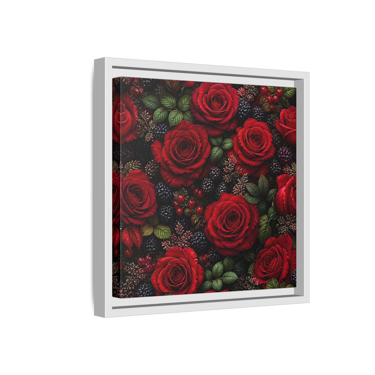 Side Mockup 16. Floral Red Roses Red And Black shown as stretched canvas wall art