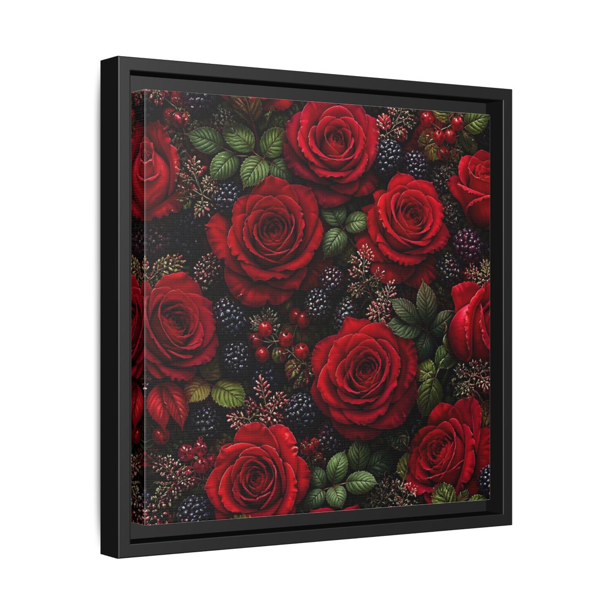 Side Mockup 32. Floral Red Roses Red And Black shown as stretched canvas wall art