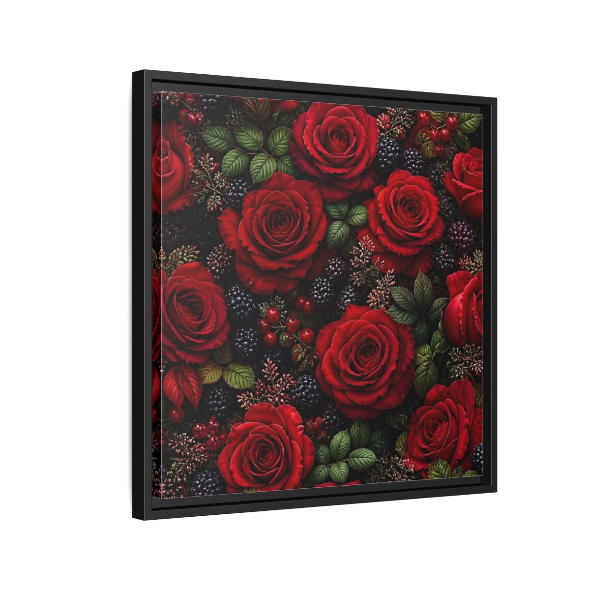Side Mockup 12. Floral Red Roses Red And Black shown as stretched canvas wall art