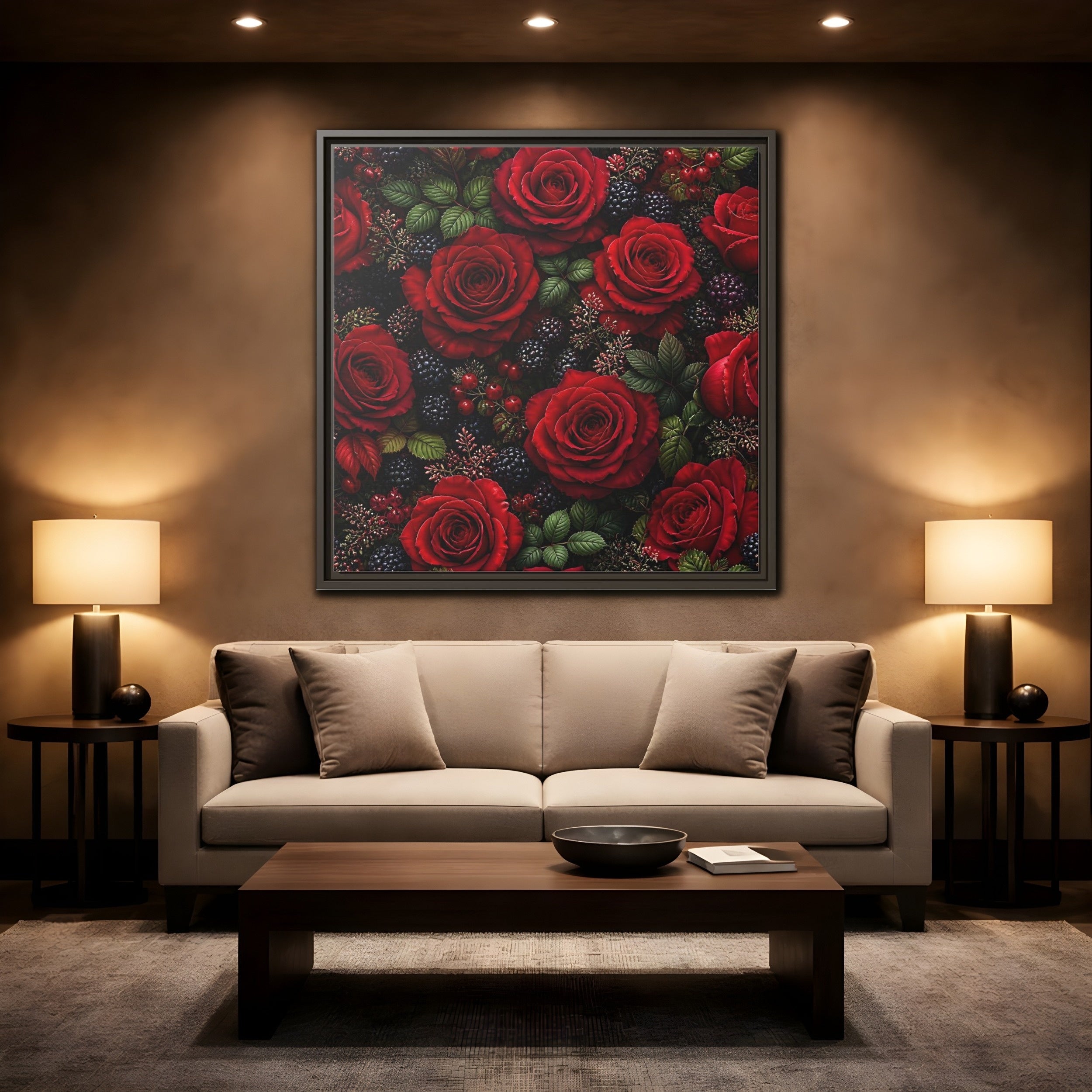 Mockup 2. Floral Red Roses Red And Black shown as stretched canvas wall art