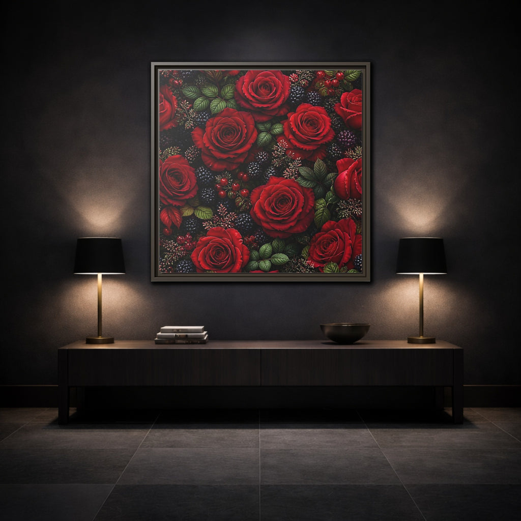 Mockup 3. Floral Red Roses Red And Black shown as stretched canvas wall art
