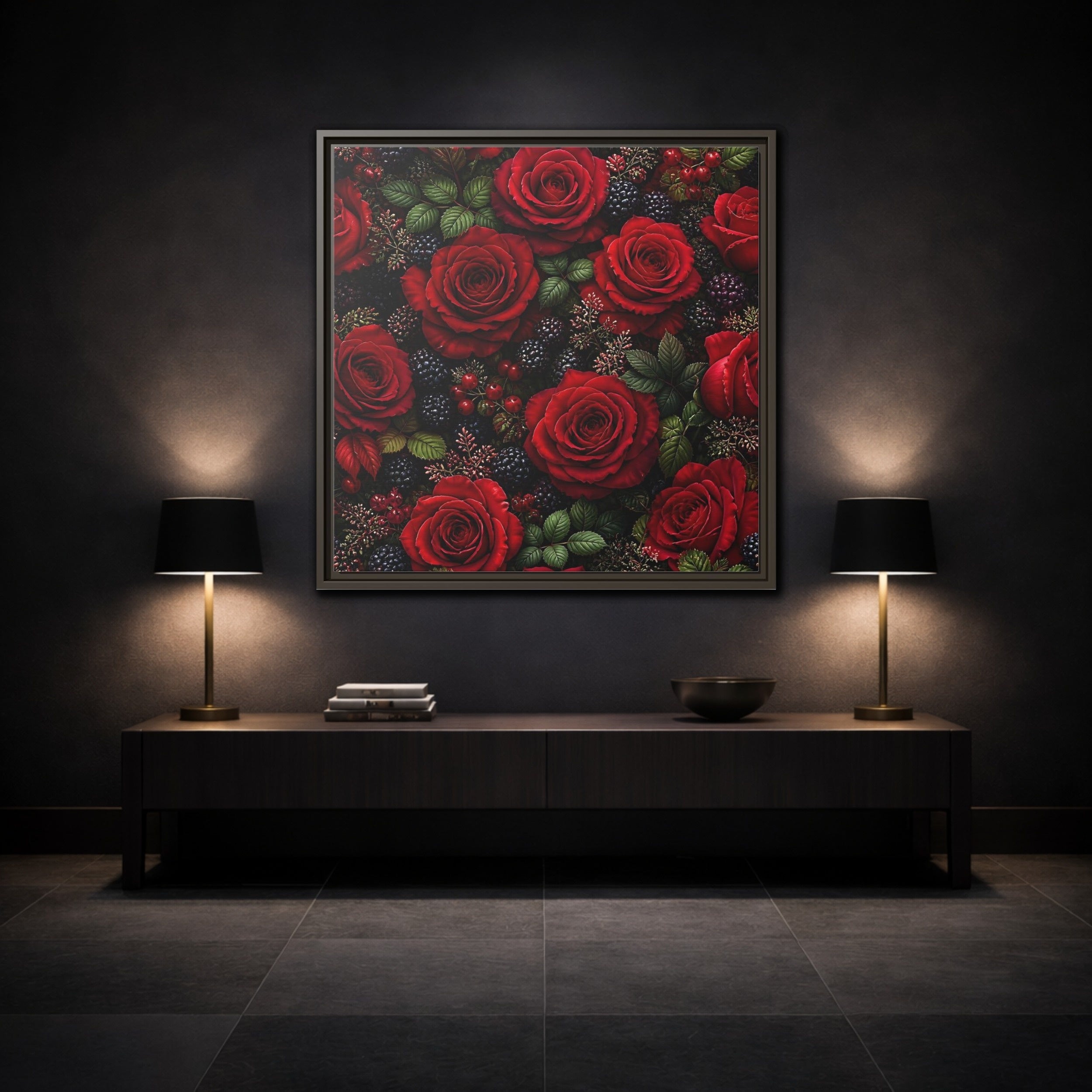 Mockup 3. Floral Red Roses Red And Black shown as stretched canvas wall art