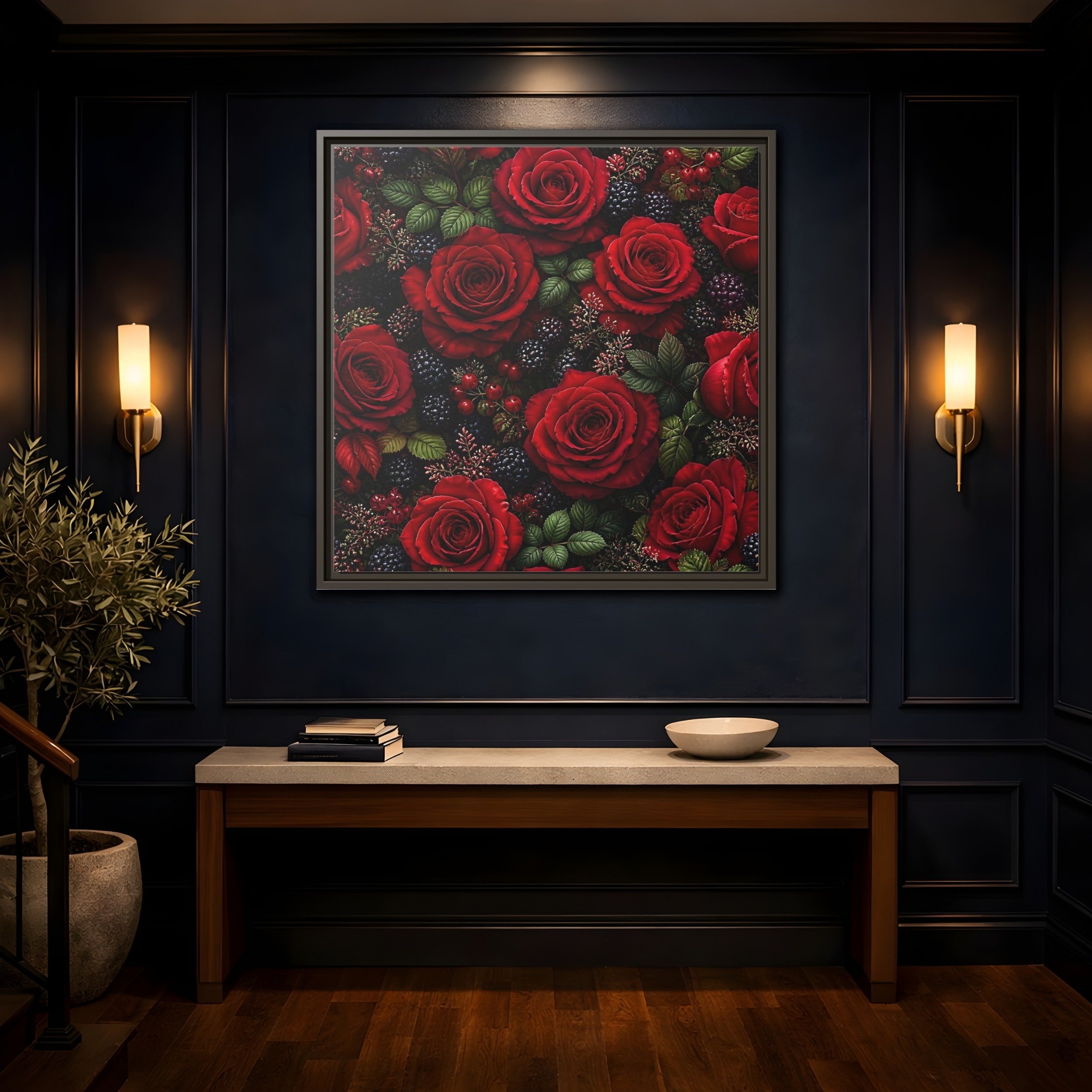 Mockup 4. Floral Red Roses Red And Black shown as stretched canvas wall art